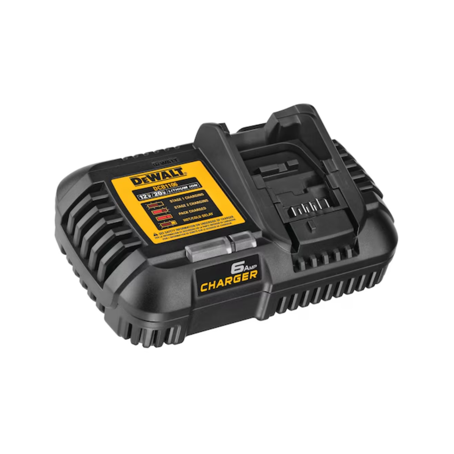 A black charger with a yellow label reading 