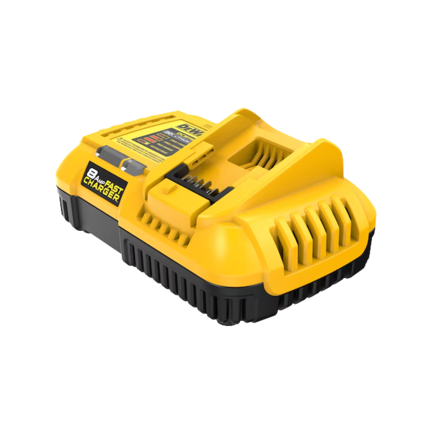 A yellow and black battery charger with DEWALT branding on a white background
