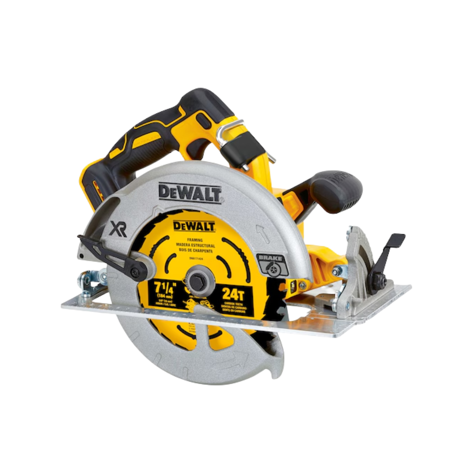 A yellow and black saw with DEWALT branding on a white background