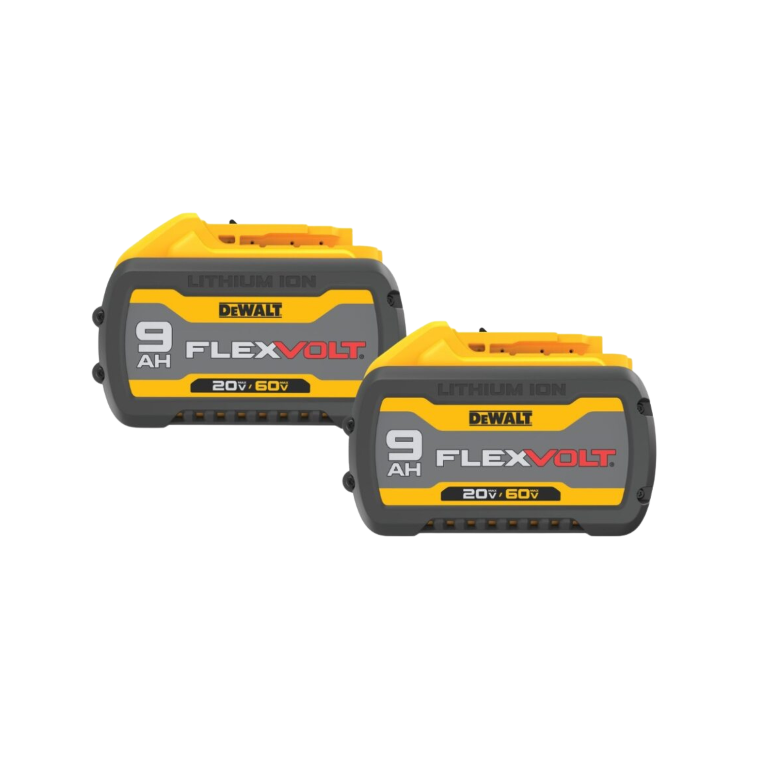Two yellow and grey Dewalt 9AH FlexVolt batteries on a white background