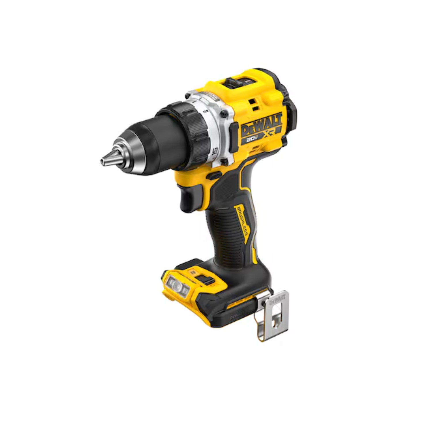 A yellow and black drill/driver with DEWALT branding on a white background
