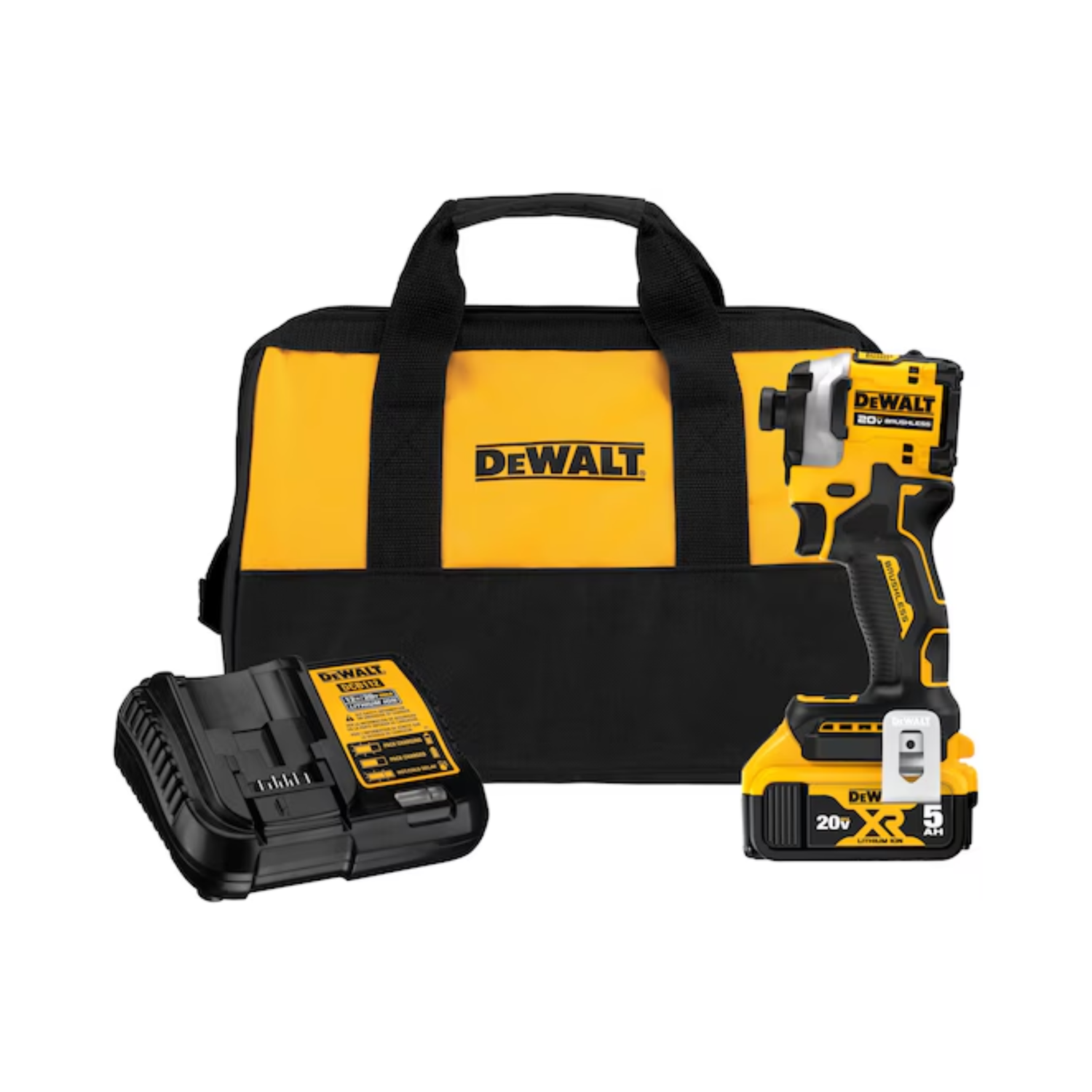 Yellow DeWalt tool set with max impact driver, battery, and charger on a white background