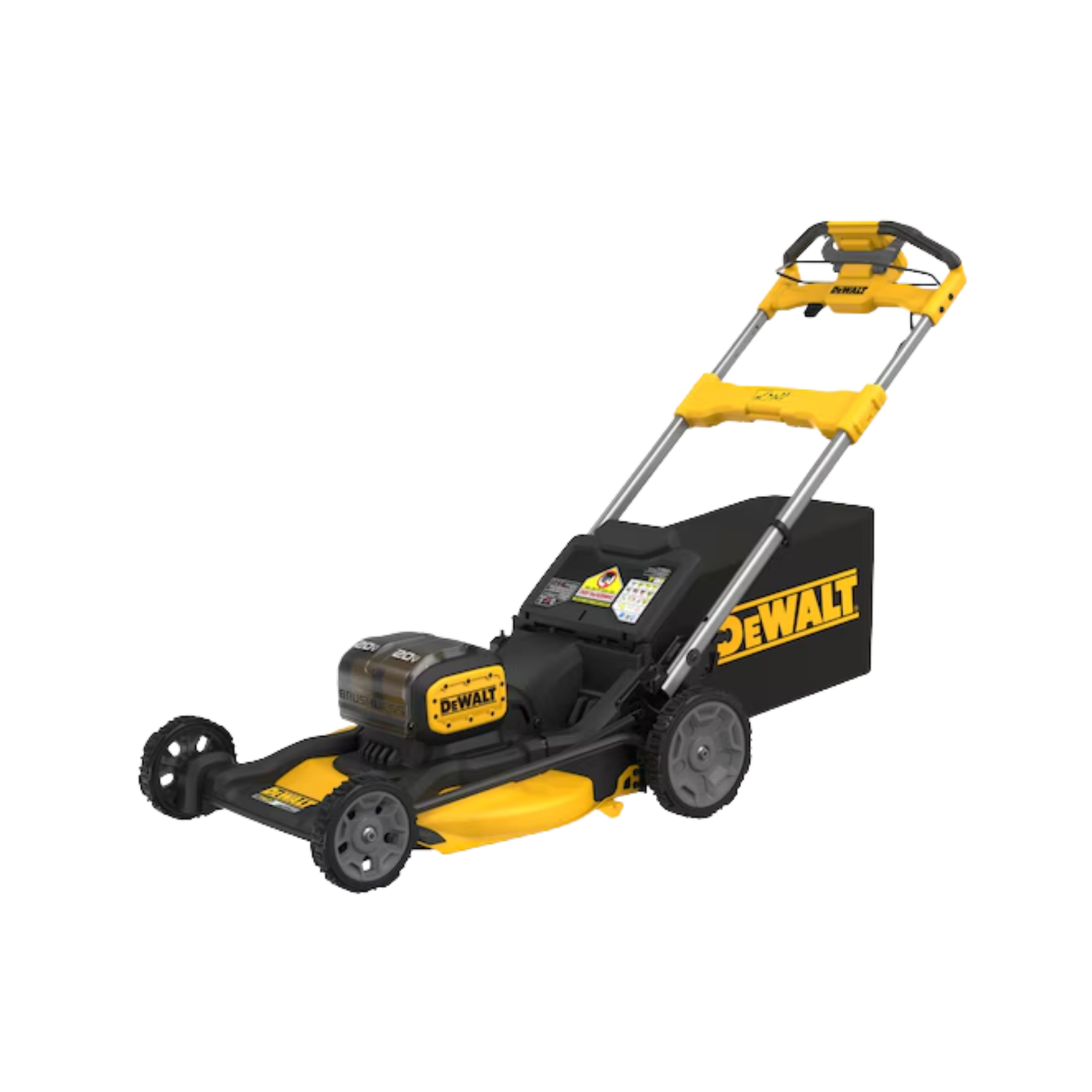 A yellow and black cordless self-propelled lawn mover with DEWALT branding on a white backgound