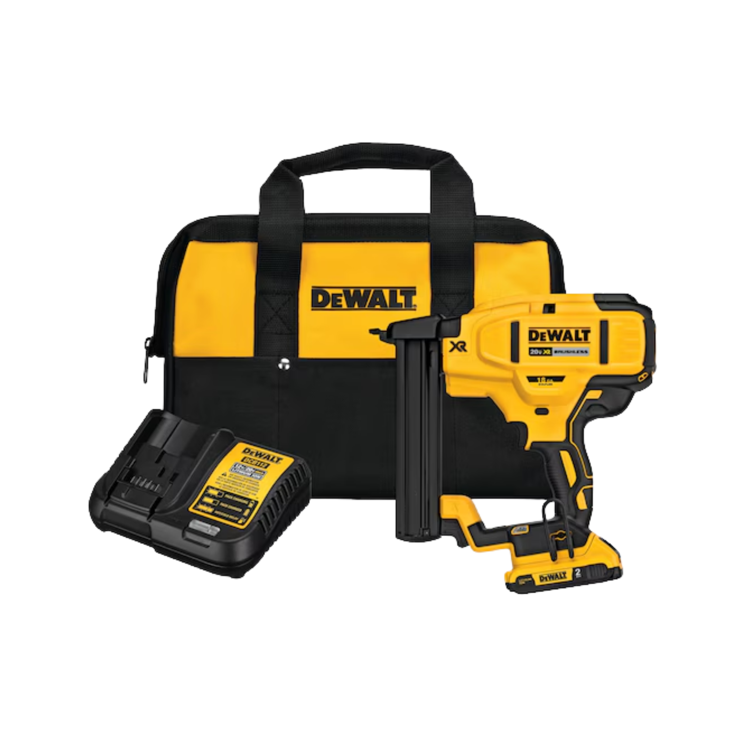 Yellow and black DEWALT crown stapler kit on a white background