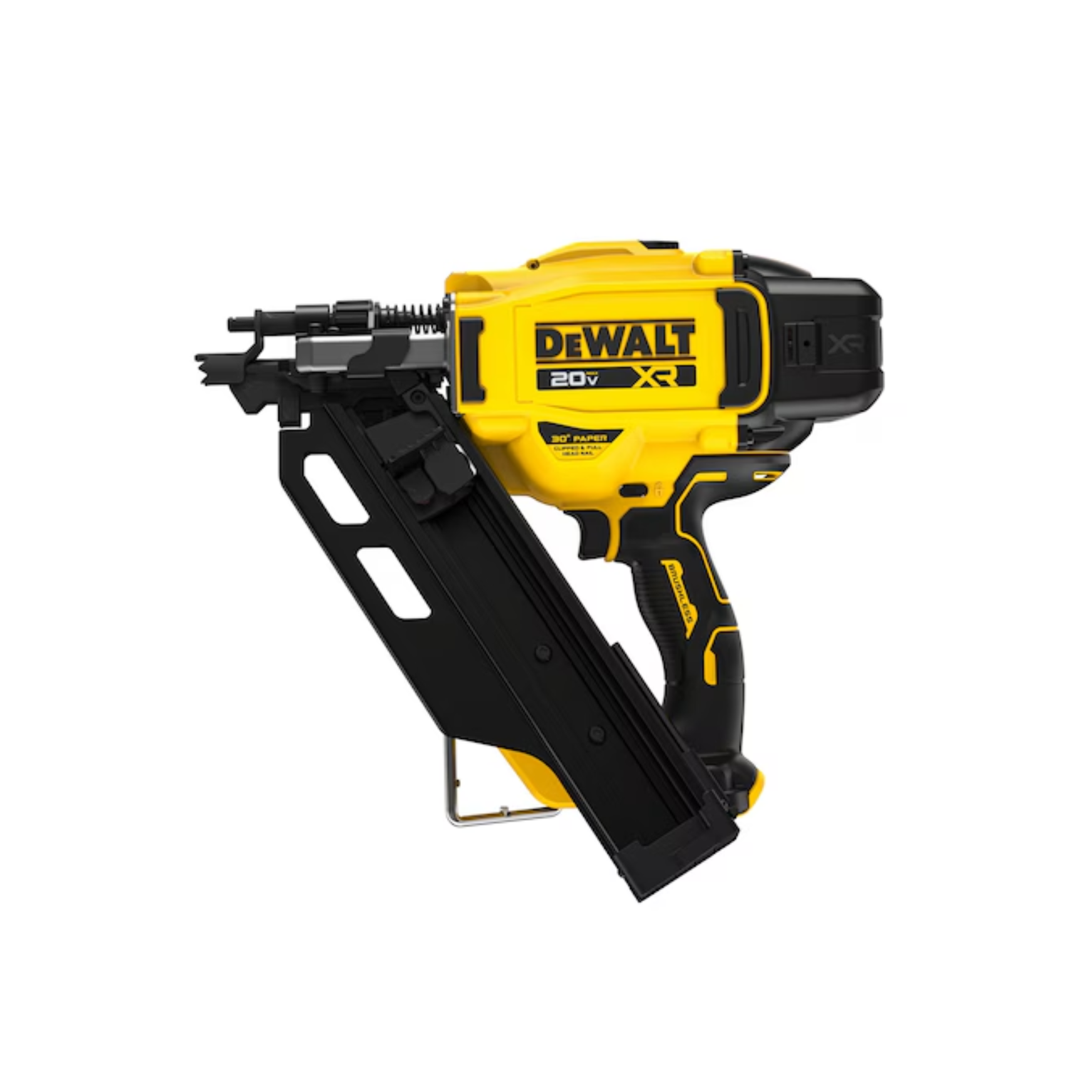 A yellow and black framing nailer with DEWALT branding on a white background
