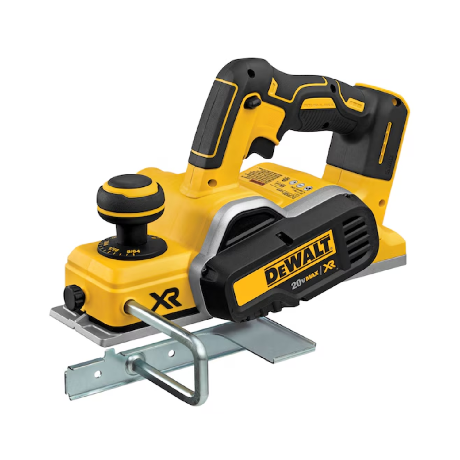 A yellow and black cordless planer with DEWALT branding on a white background