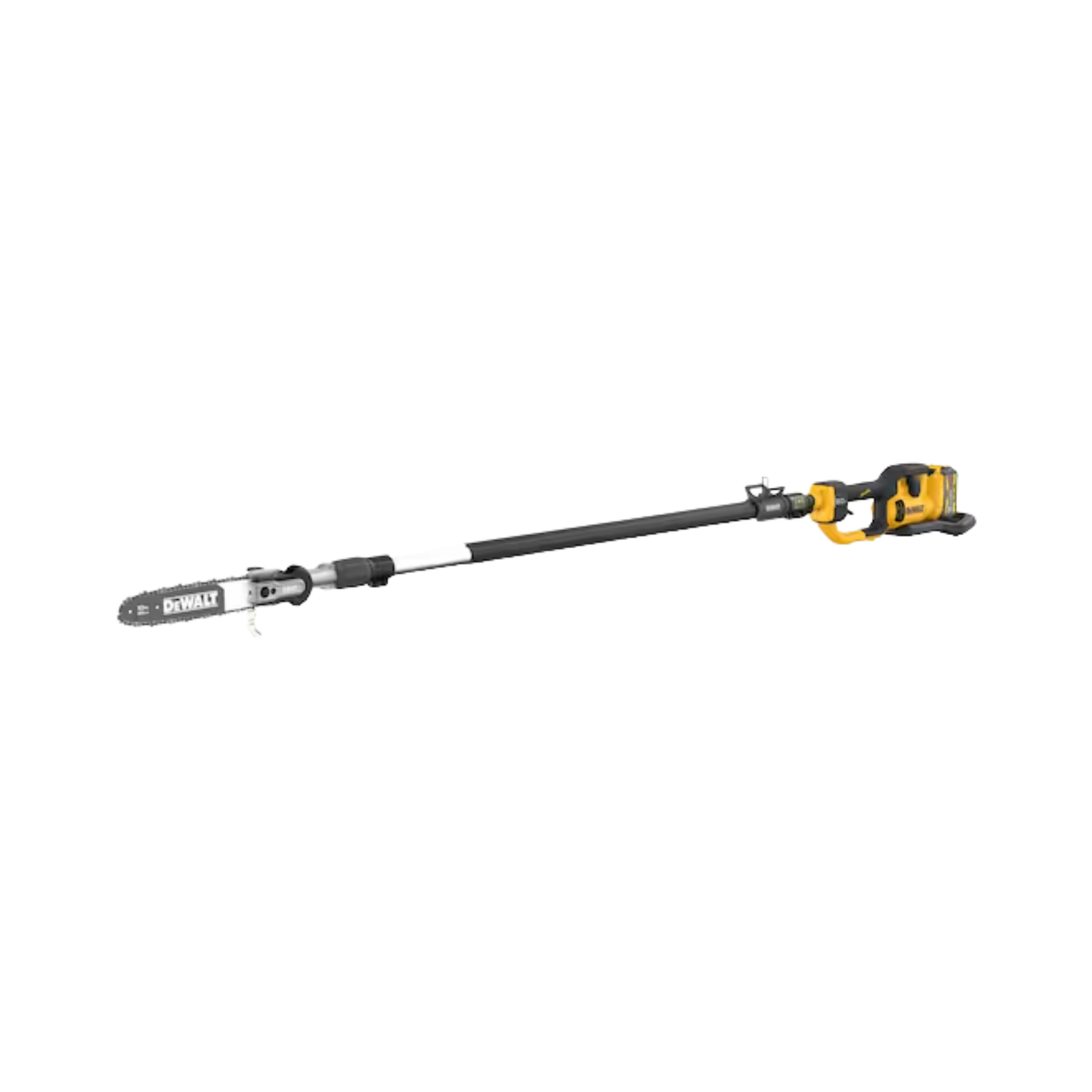 A yellow and black telescoping pole saw with DEWALT branding on a white background