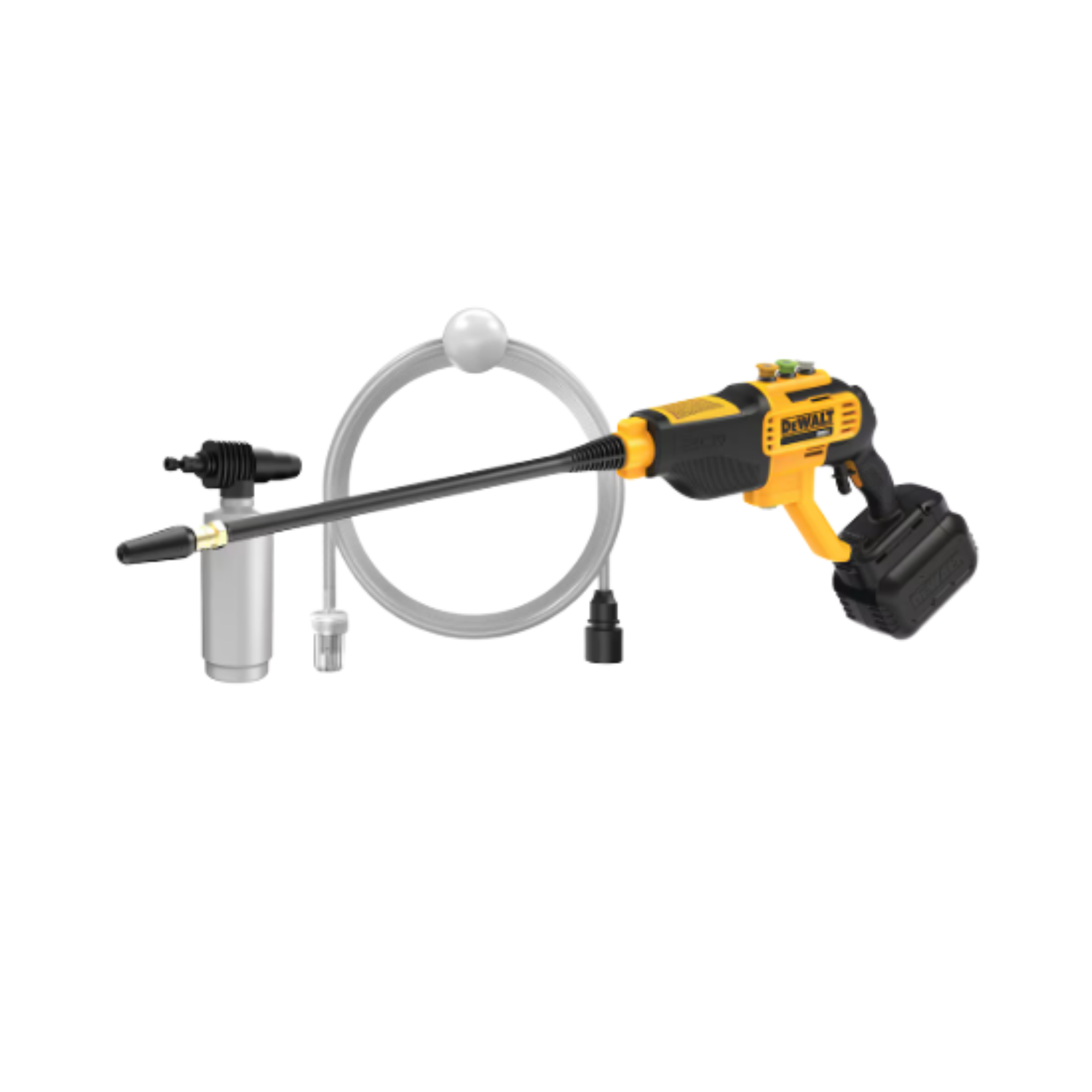 A black and yellow power cleaner kit with DEWALT branding and a hose and soap bottle on a white background