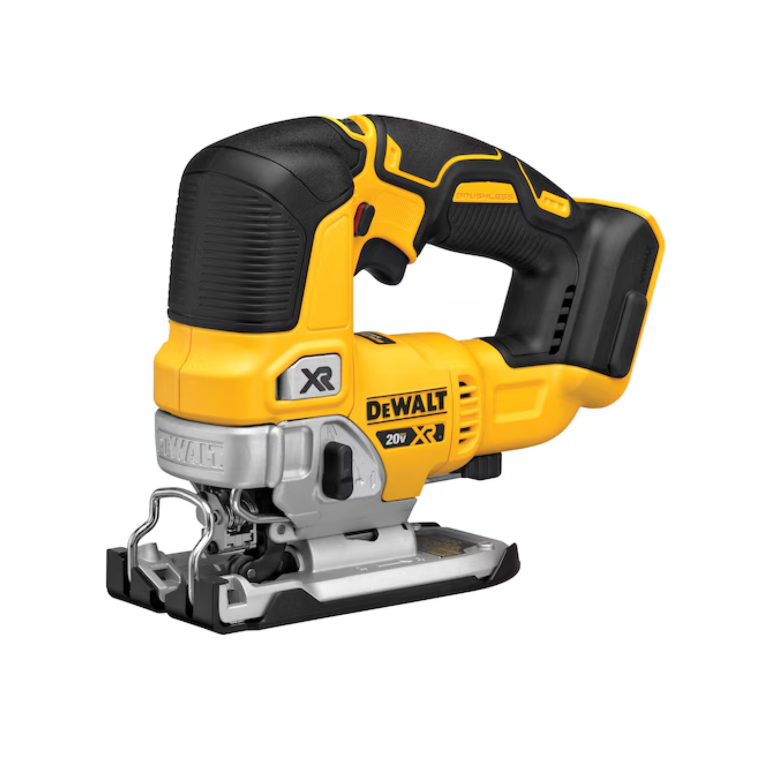 A black and yellow Dewalt cordless jig saw on a white background