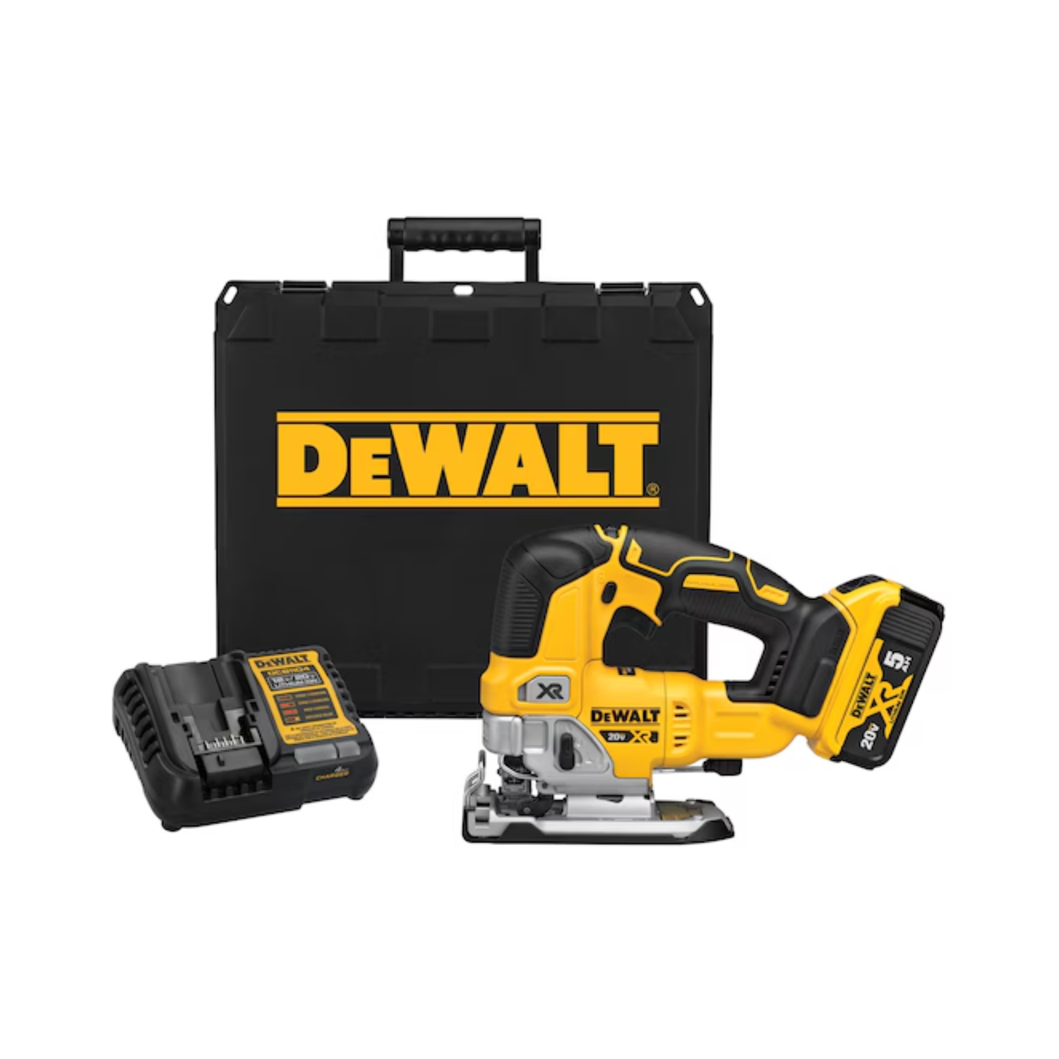 A yellow and black Dewalt jigsaw kit, including the jigsaw, battery, battery charger, and storing case on a white background