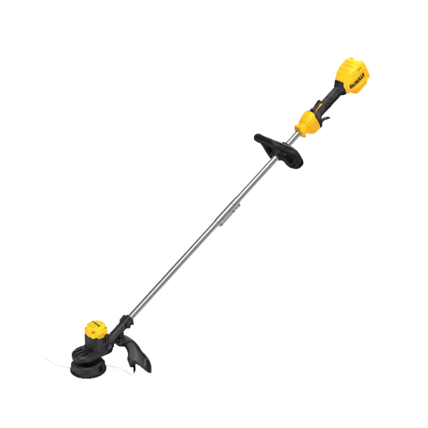 A yellow and black cordless string trimmer with DEWALT branding on a white background