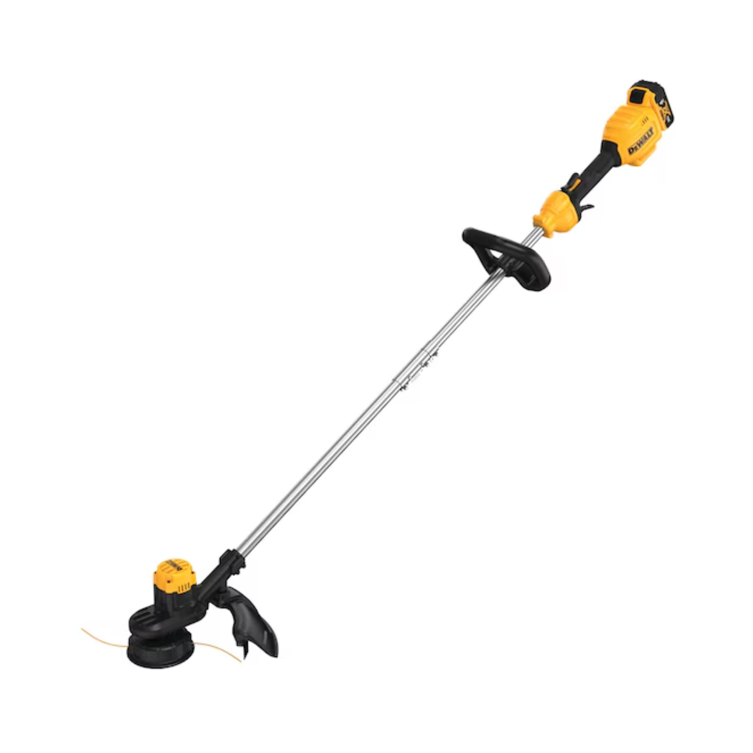 A yellow and black cordless string trimmer with DEWALT branding on a white background