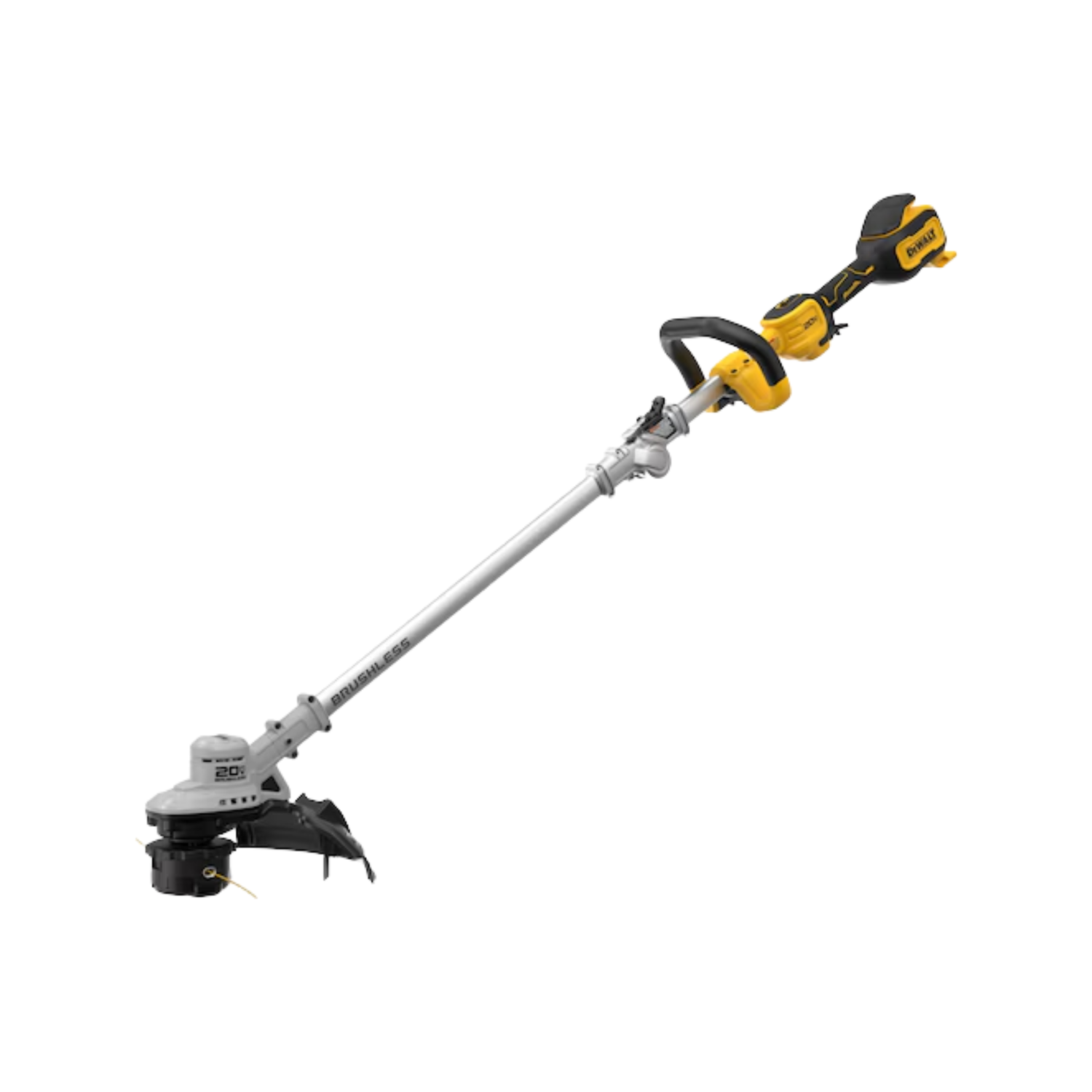 A yellow and black cordless foldable string trimmer with DEWALT branding on a white background
