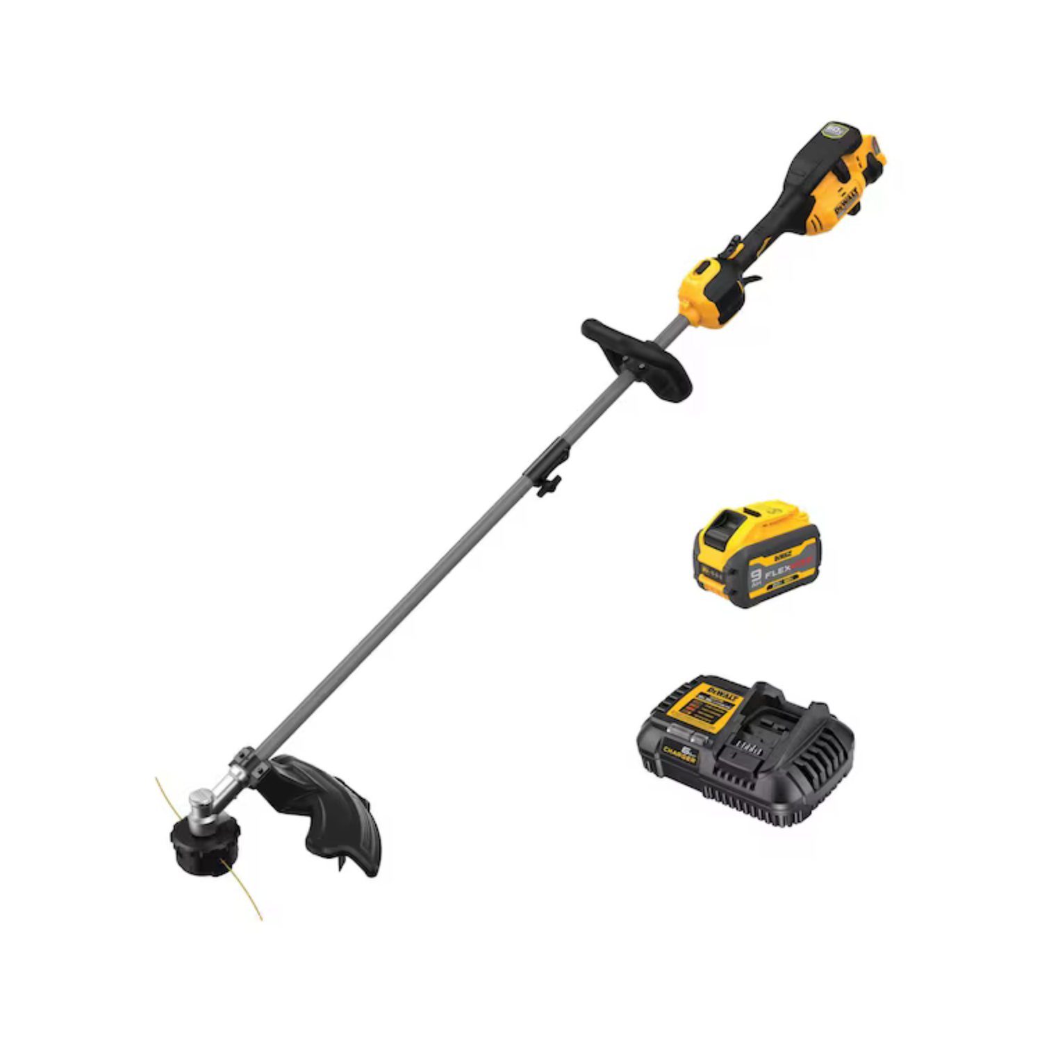 Dewalt string trimmer kit with trimmer, battery, and charger on a white background
