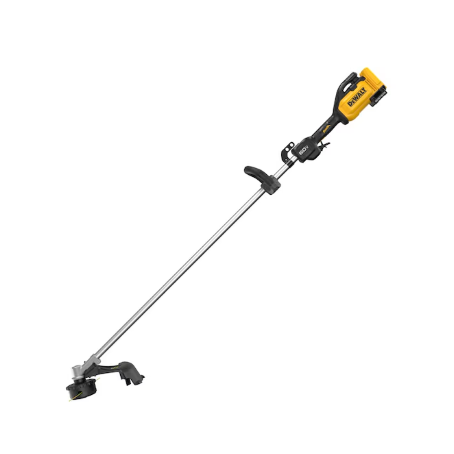 A yellow and black cordless string trimmer with DEWALT branding on a white background