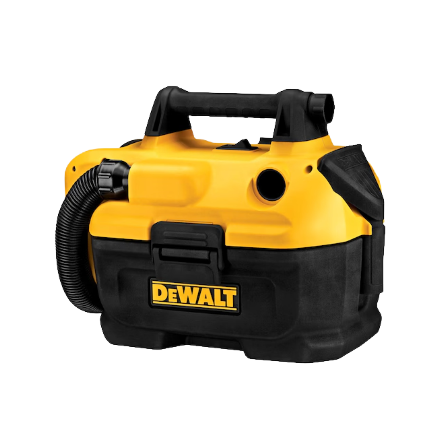 Yellow and black Dewalt portable wet and dry vac on a white background