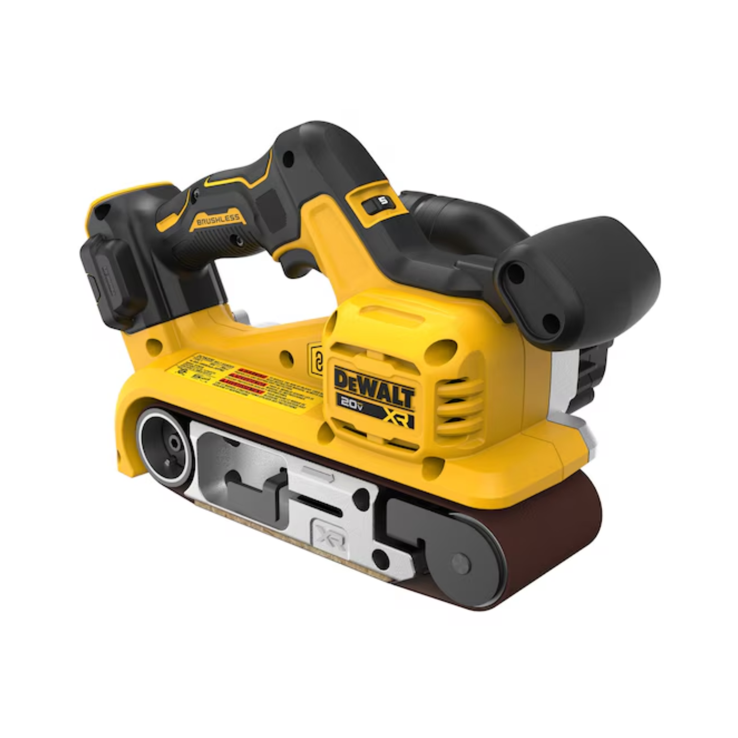 A yellow and black DEWALT brushless cordless belt sander on a white background