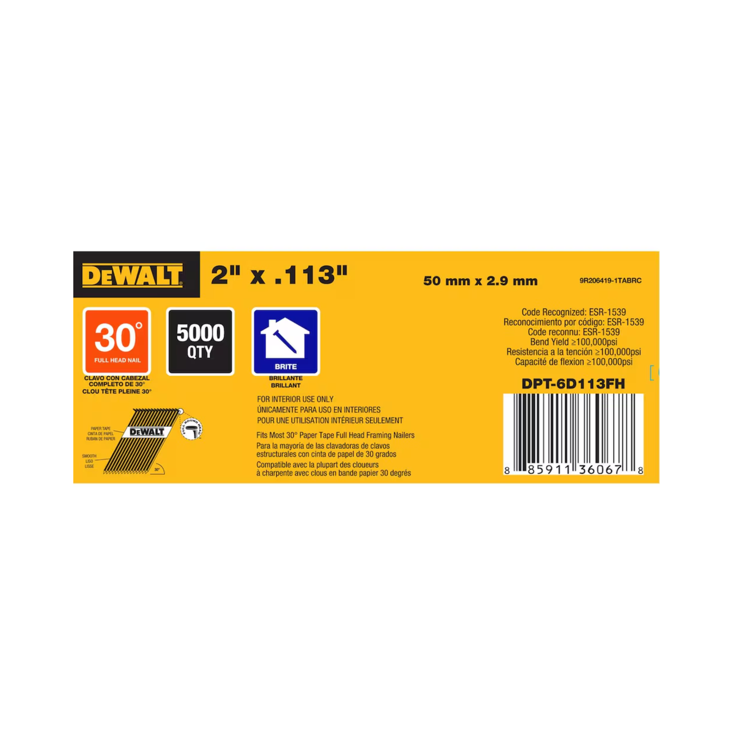 A yellow and black packaging for DEWALT nails that measure 2 inches by 0.113 inches on a white background