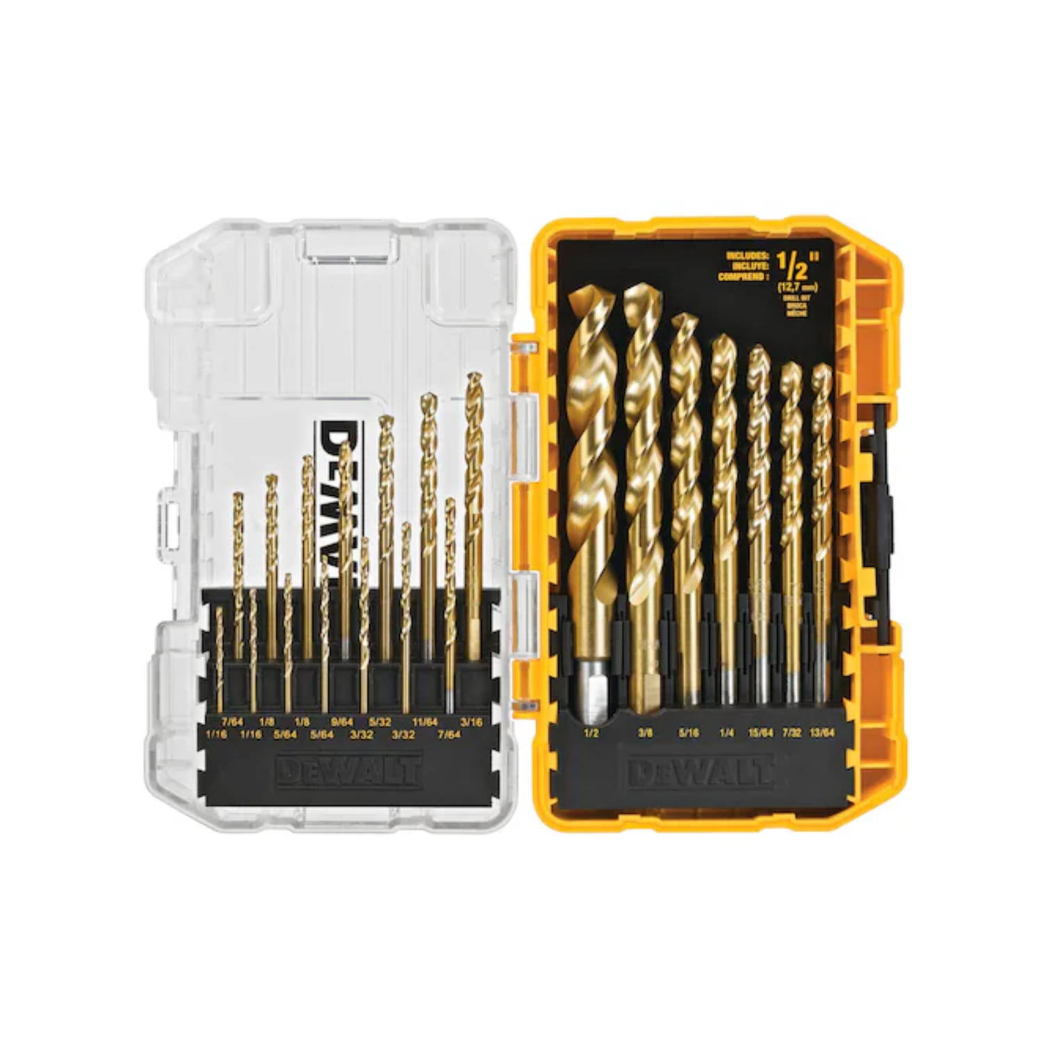 A 21-piece set of drill bits in black and yellow packaging with DEWALT branding on a white background
