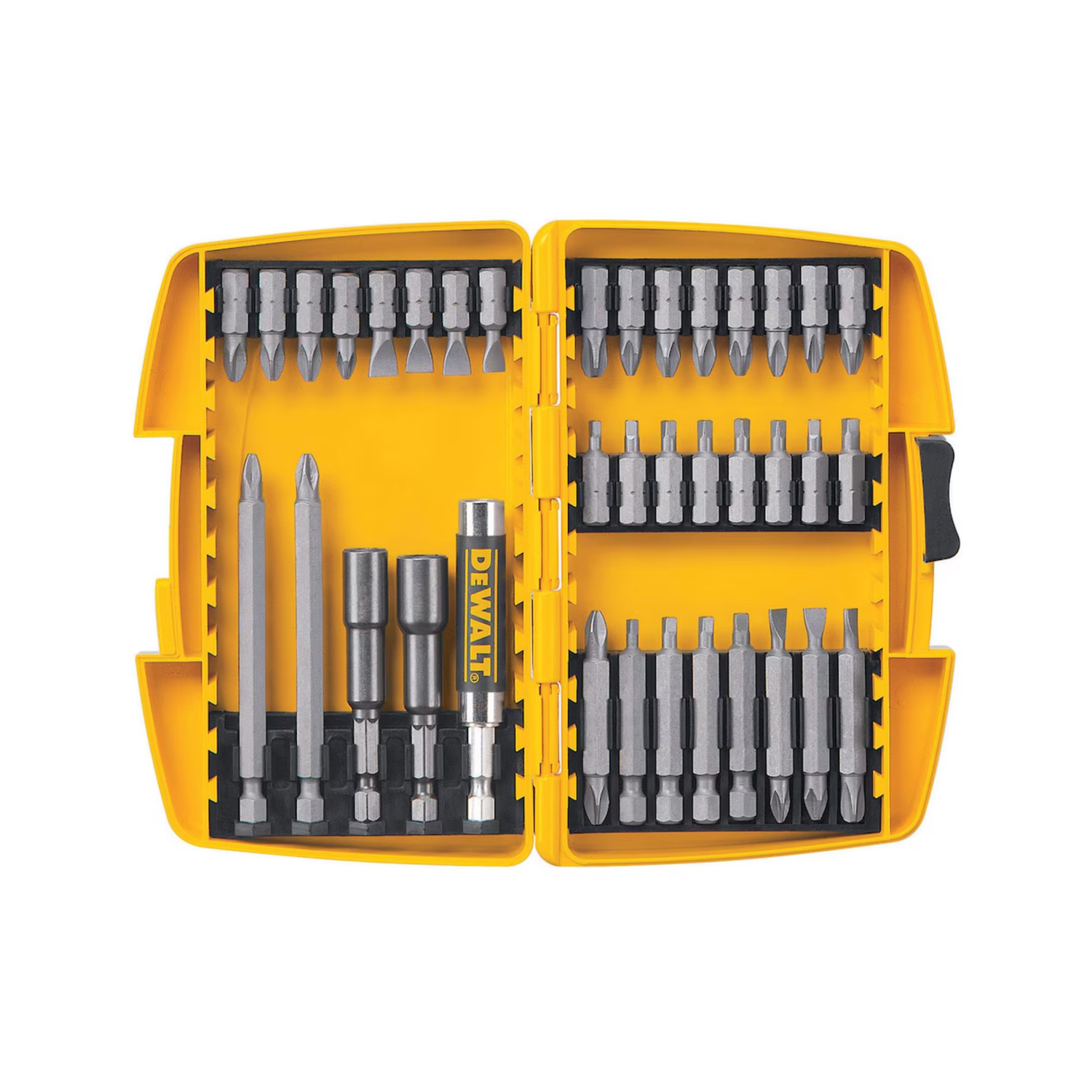 A DEWALT Screw Set with 37 pieces in yellow and black packaging on a white background