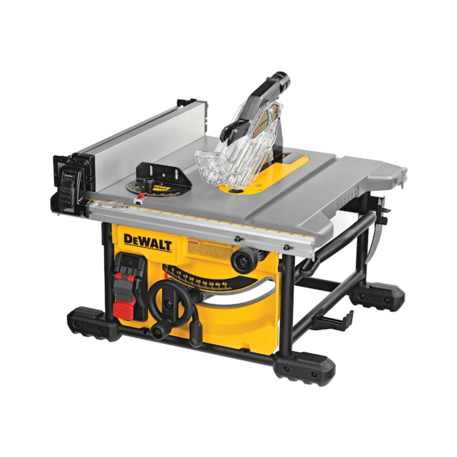 A yellow and metal compact table saw with DEWALT branding on a white background