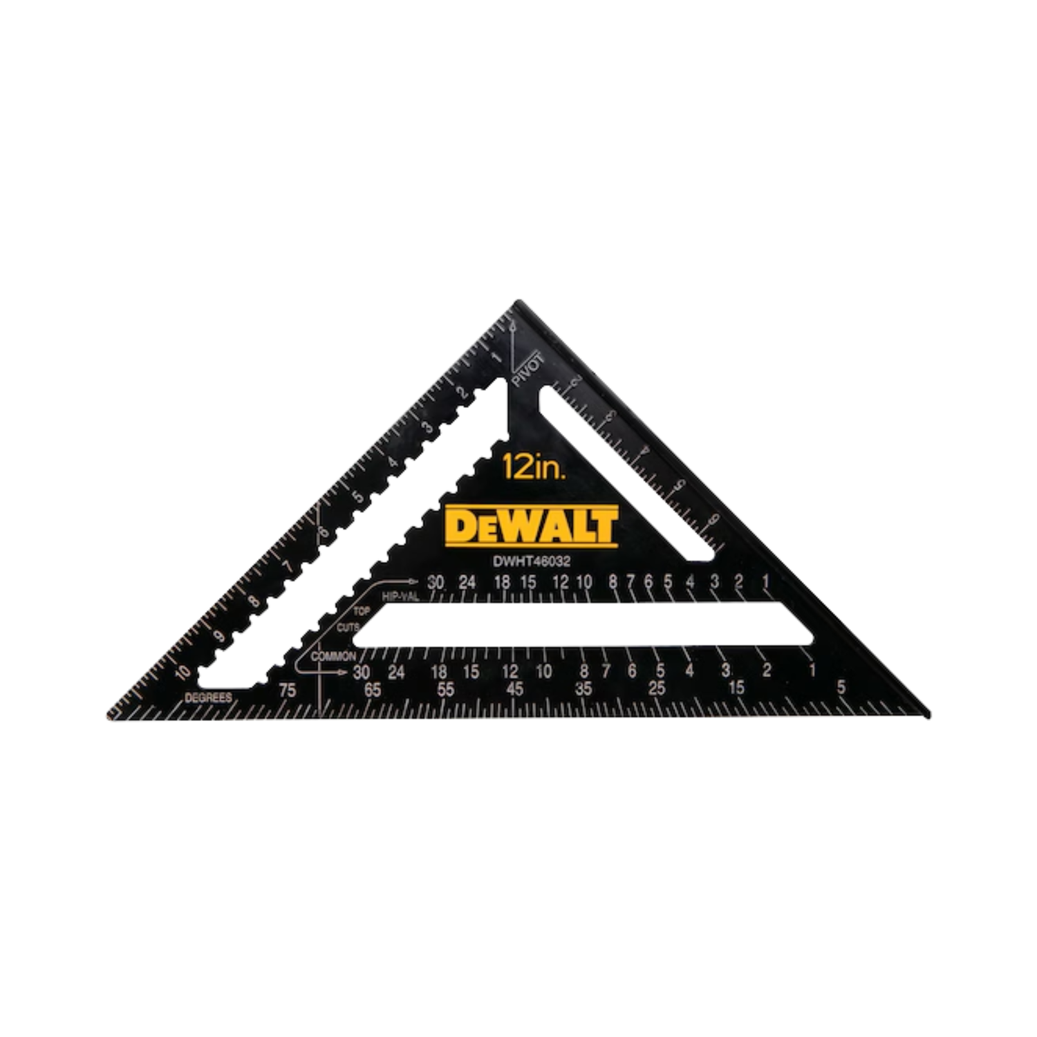 A black aluminum rafter square with DEWALT branding on a white background