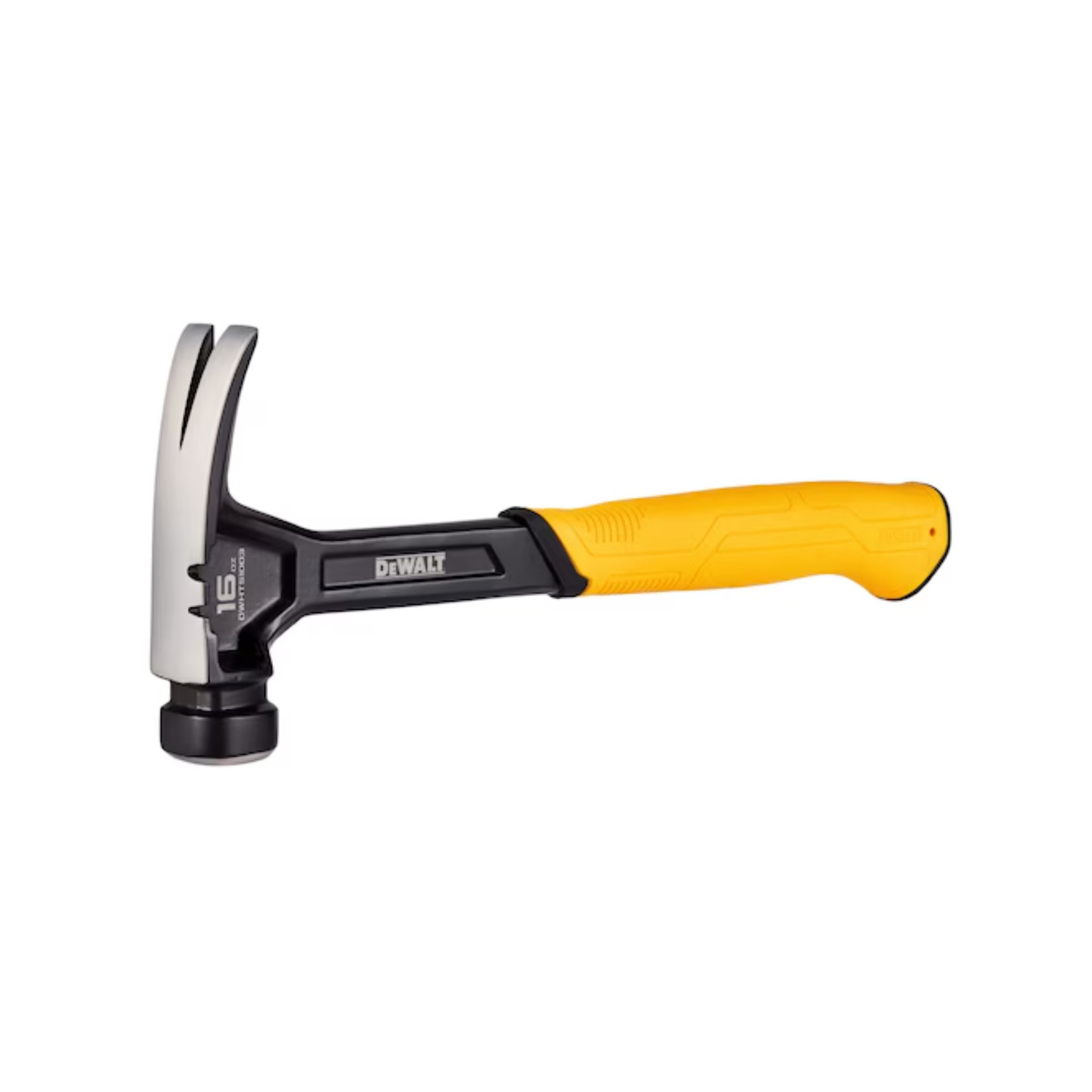 A metal hammer with a yellow handle and DEWALT branding on a white background