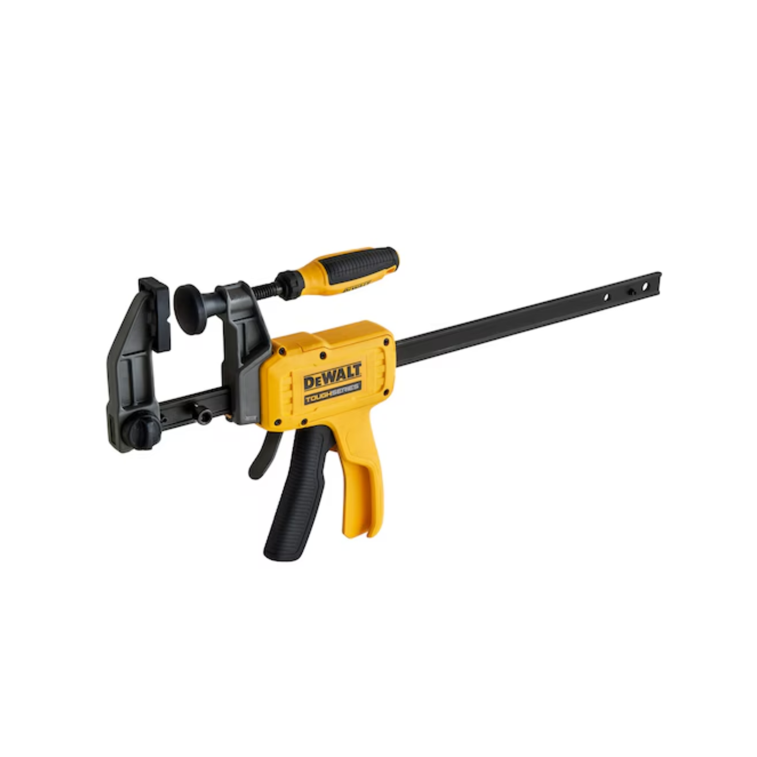 A yellow and black DEWALT hybrid clamp on a white background
