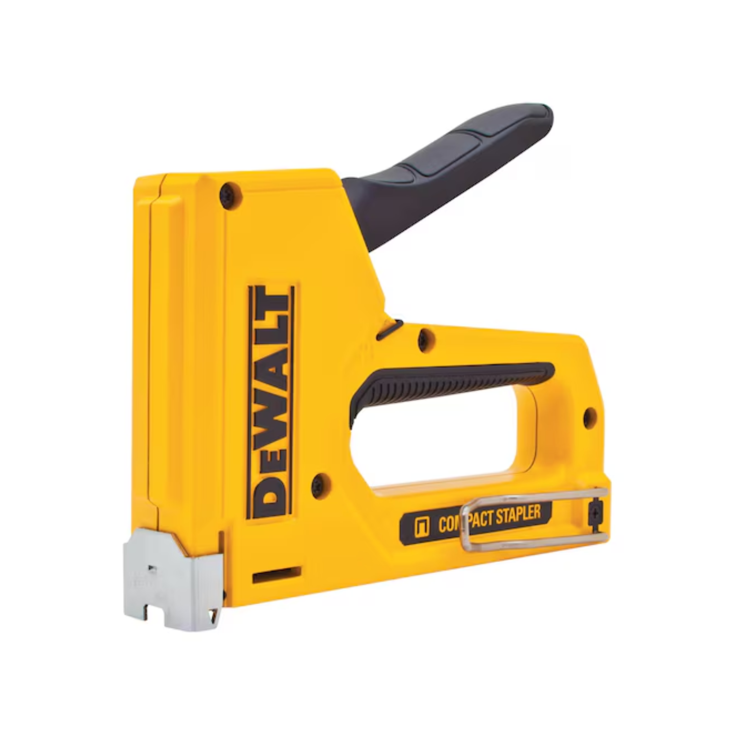 Yellow Dewalt heavy duty stapler on a white background