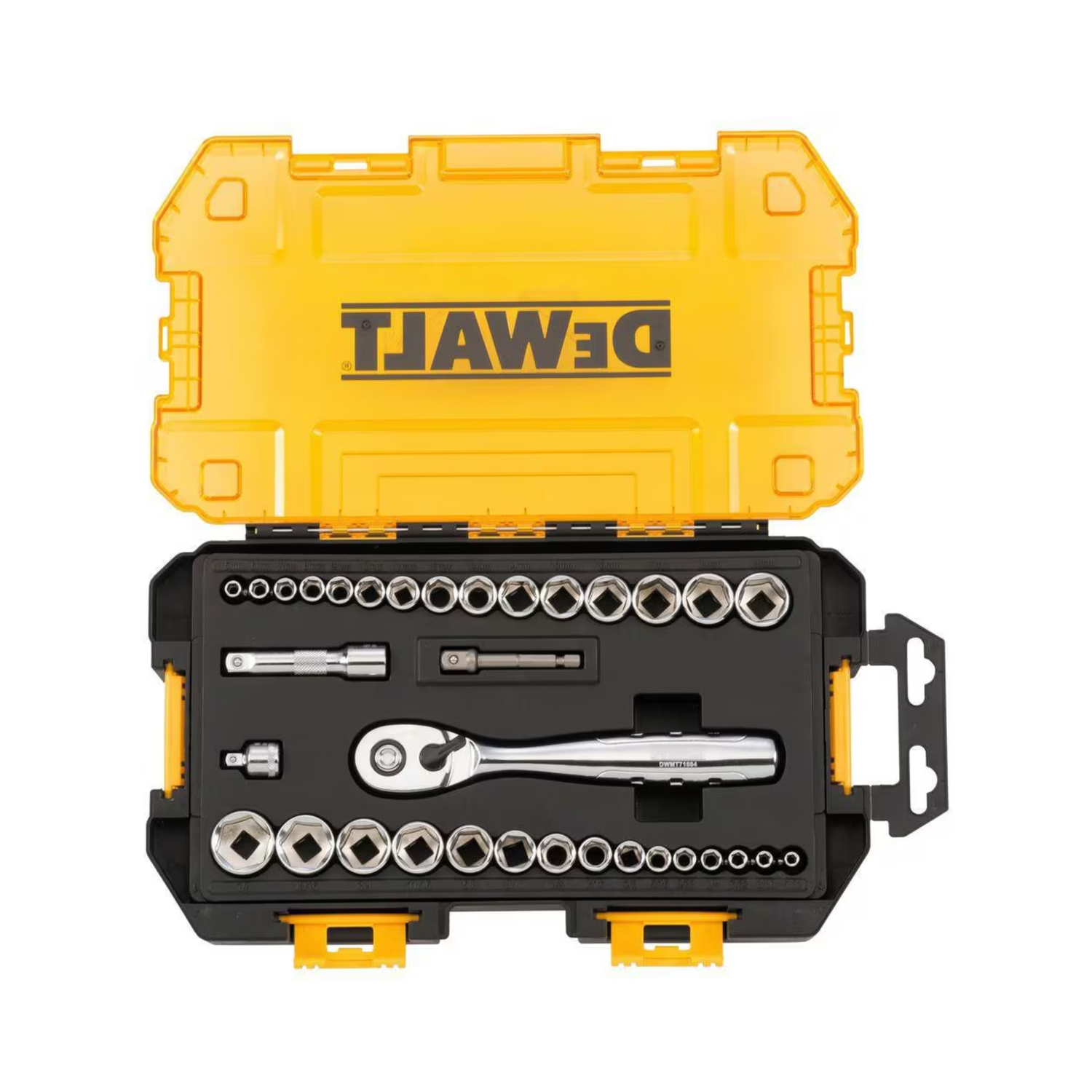 A socket set in a black case with a yellow transparent lid with DEWALT branding on a white background