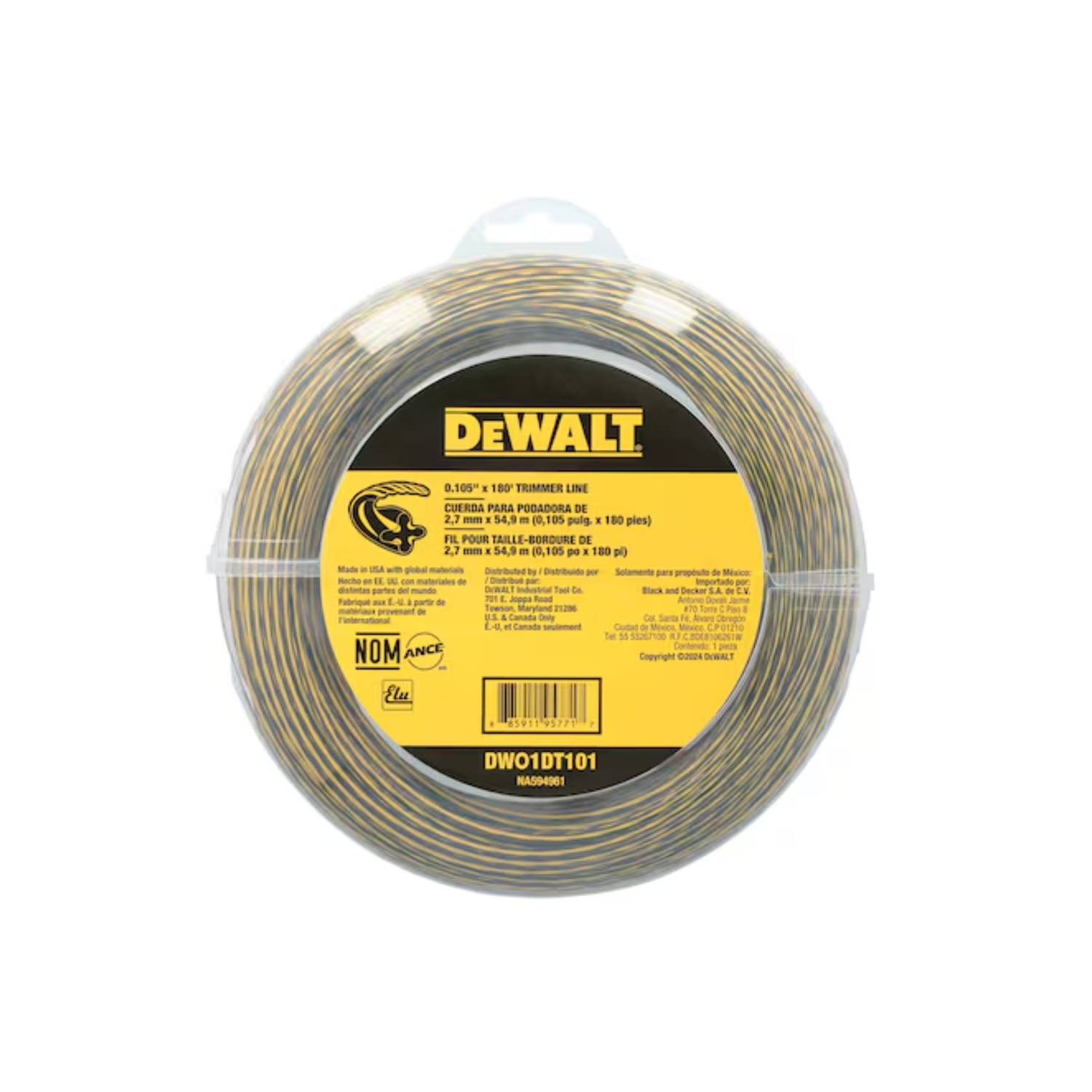 A yellow and black braided trimmer line in a clear plastic case on a white background