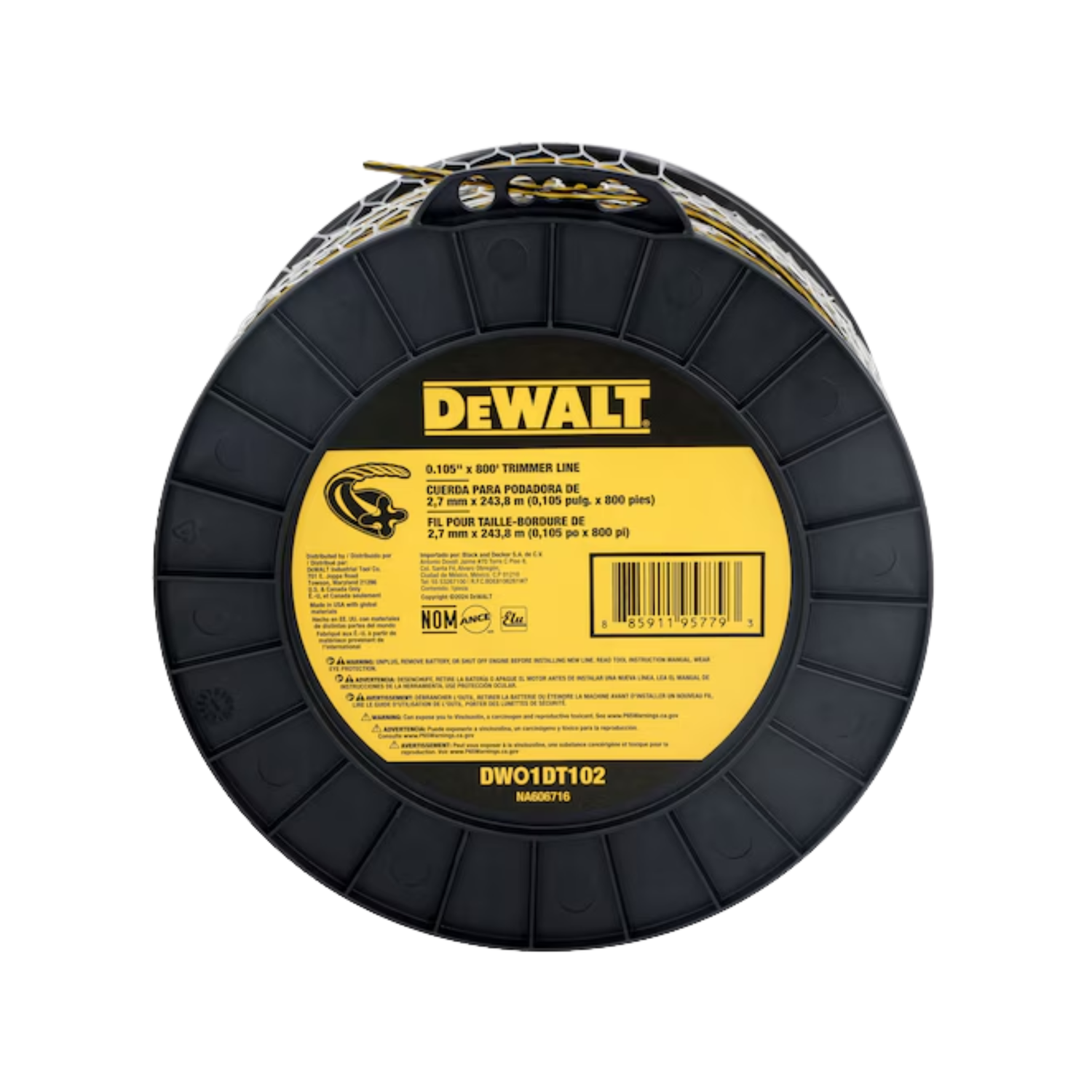 A black spool of trimmer line with DEWALT branding on a white background
