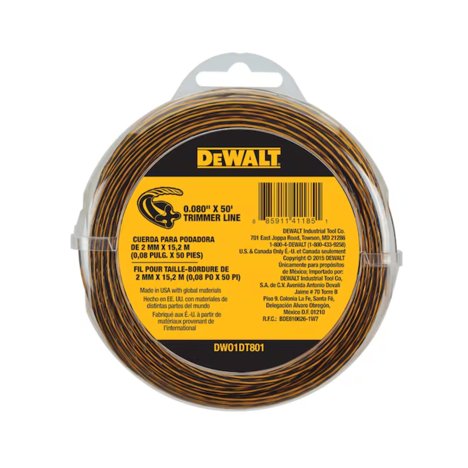 a yellow and black coloured trimmer line in a clear plastic container with DEWALT branding on a white background