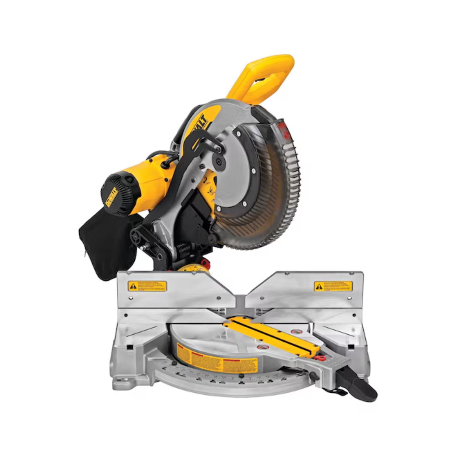DEWALT mitre saw with yellow and black colour scheme on a white background