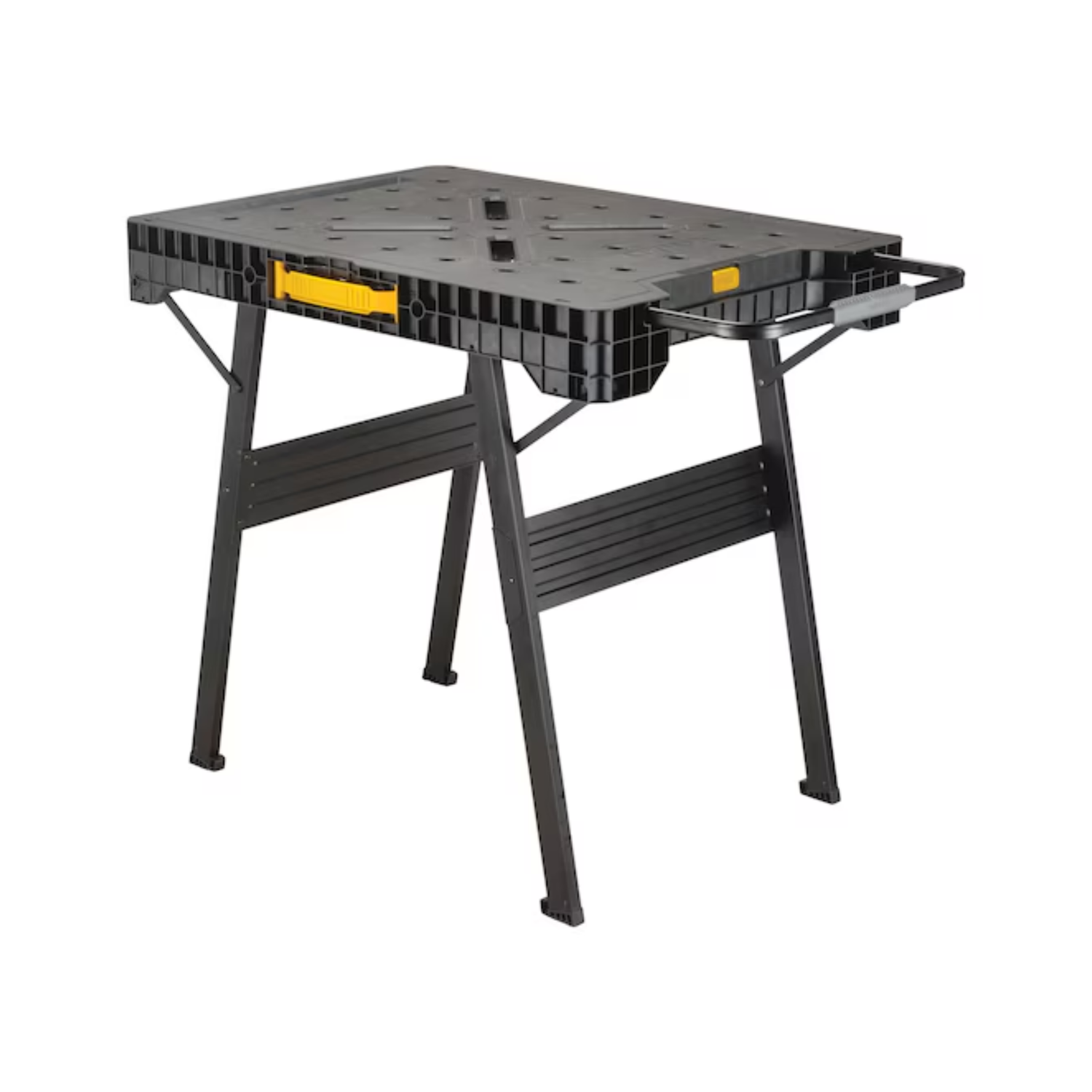 A black foldable workbench with yellow accents on a white background