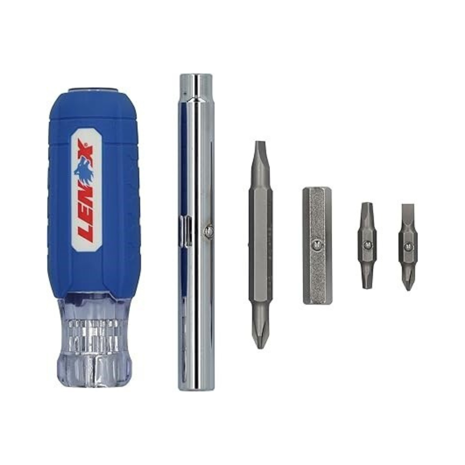 A Lenox 9-in-1 screwdriver set with several bit options on a white background