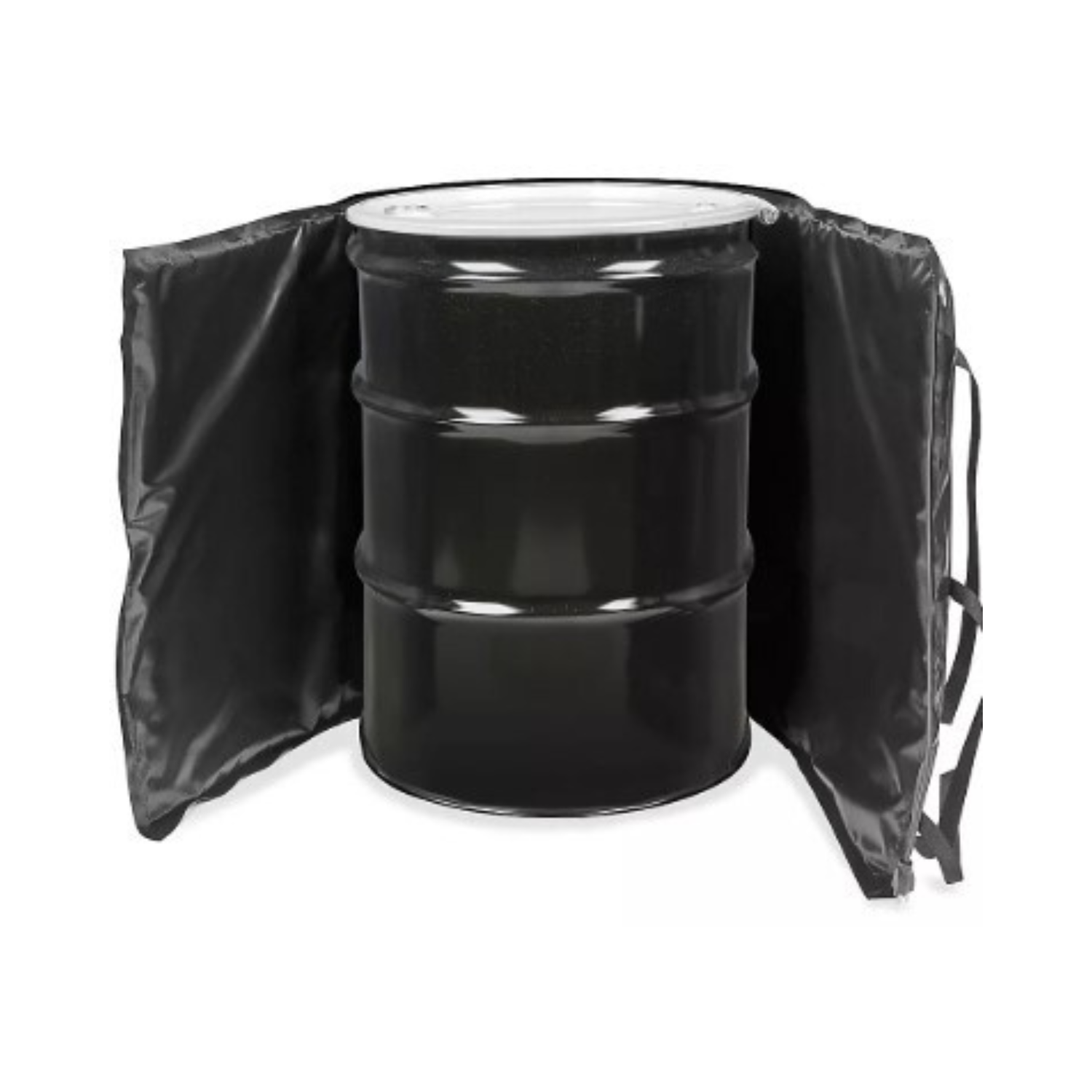 Black 55-gallon drum with a black blanket on a white background