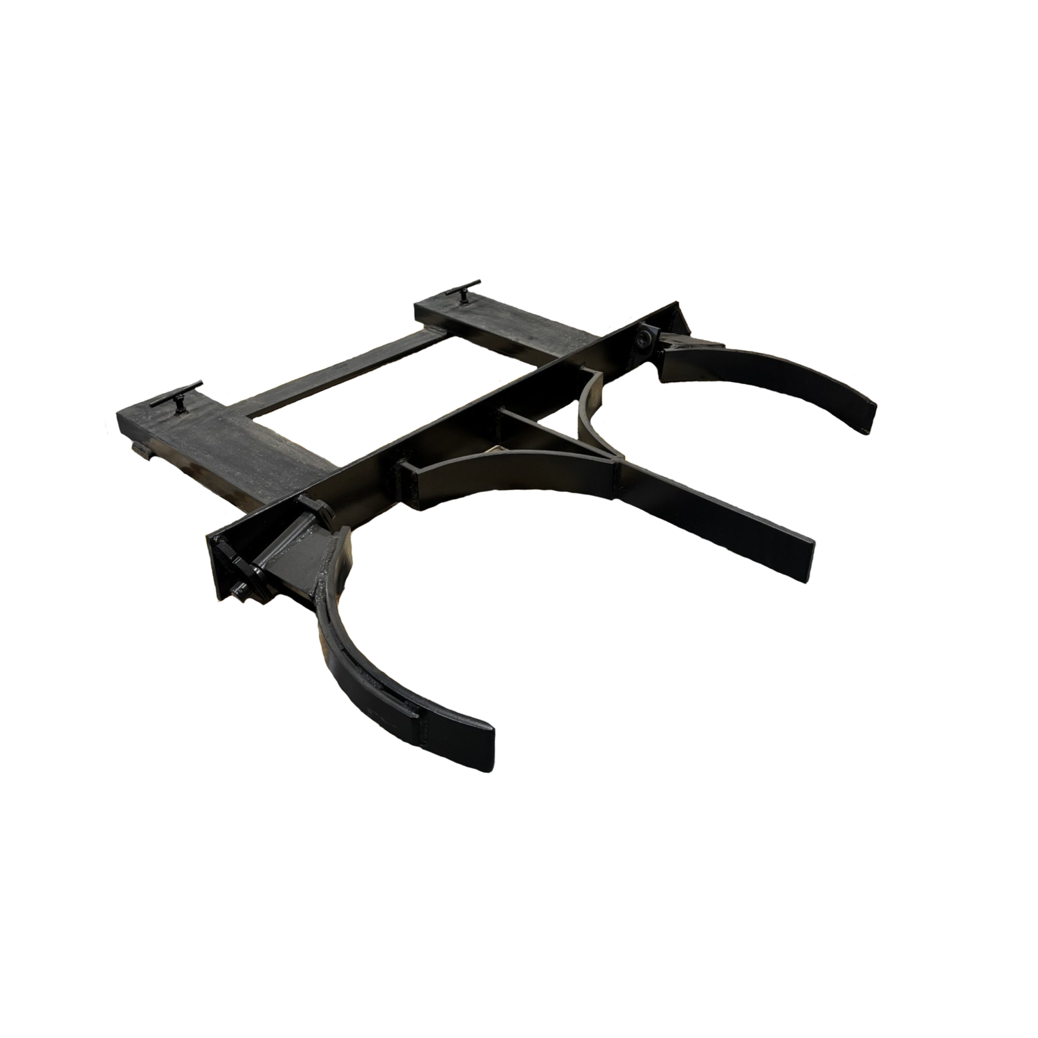 A metal double barrel grabber, designed to be attached to a forklift, on a white background