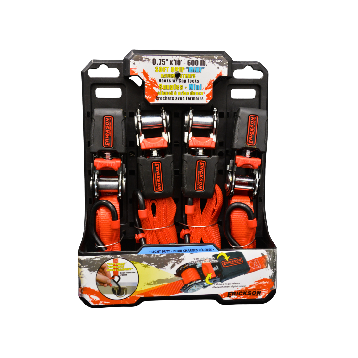 A pack of red Erickson ratchet straps with black packaging on a white background
