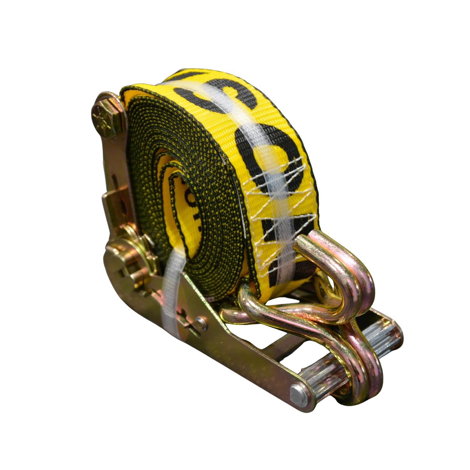 A set of yellow heavy duty ratchet straps on a white background