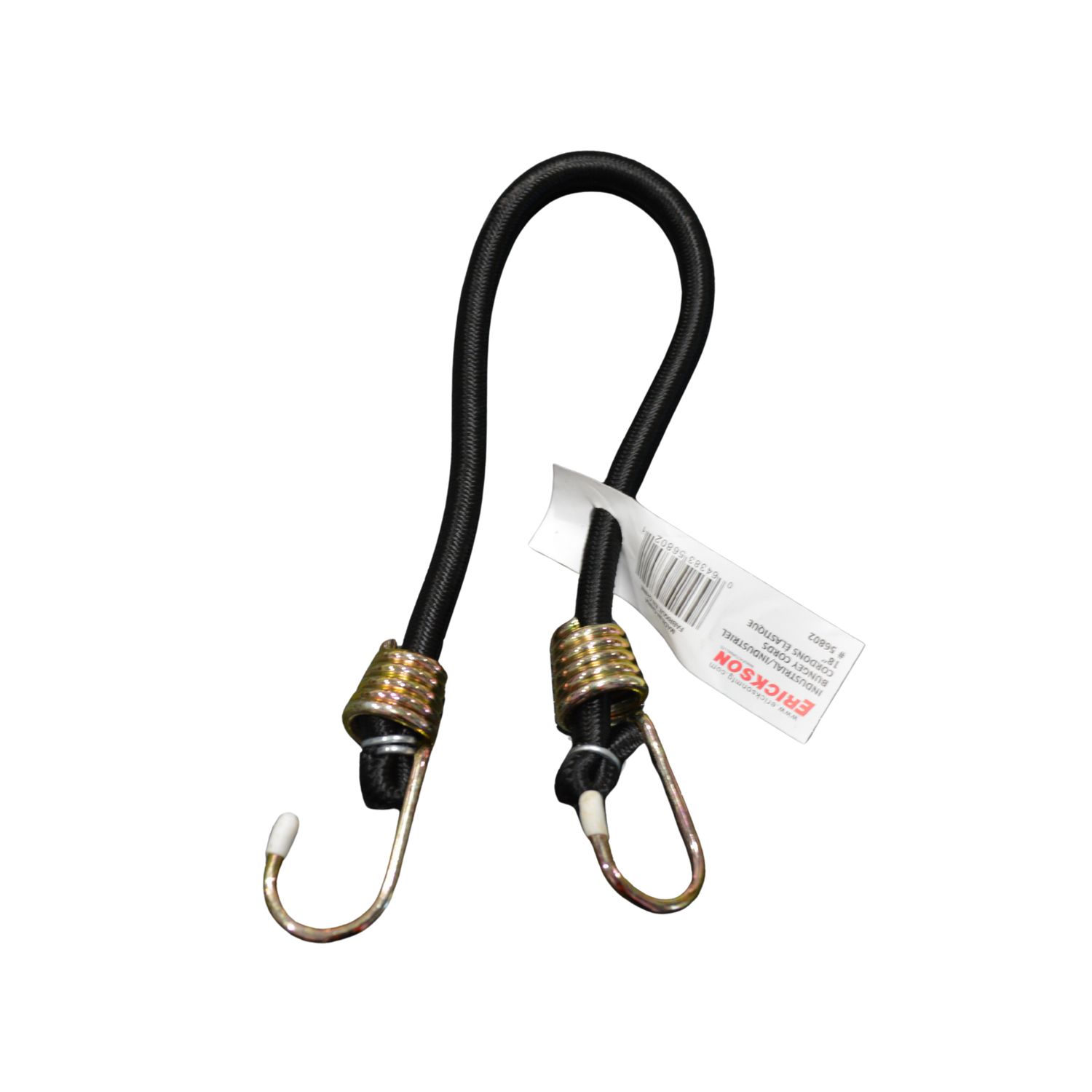 A black, industrial bungee cord with an Erickson branded tag on a white background