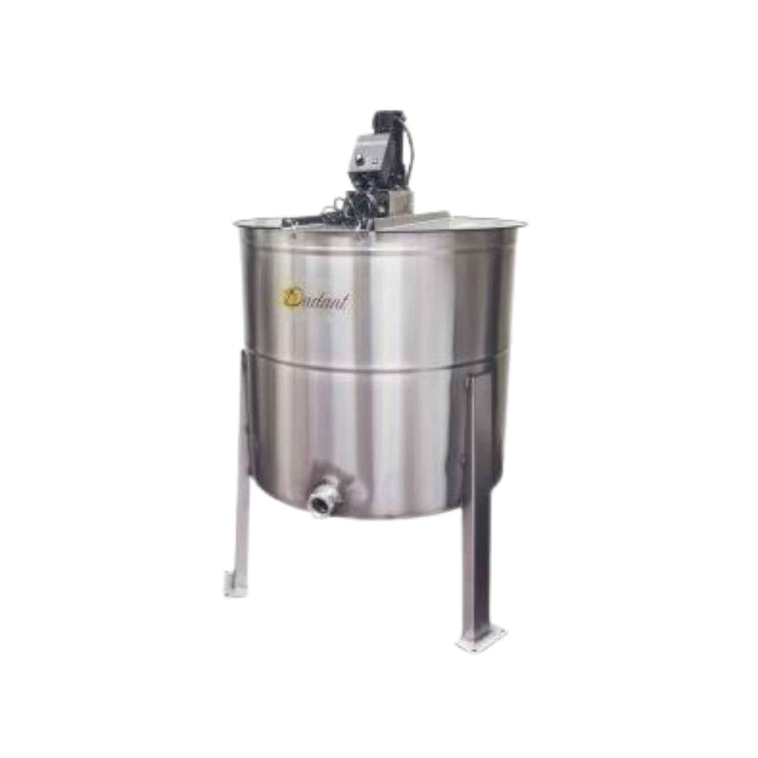 Stainless steel Dadant 20-frame electric honey extractor standing on three legs. The extractor features a large cylindrical tank with a bottom honey gate and a motorized control unit mounted on top
