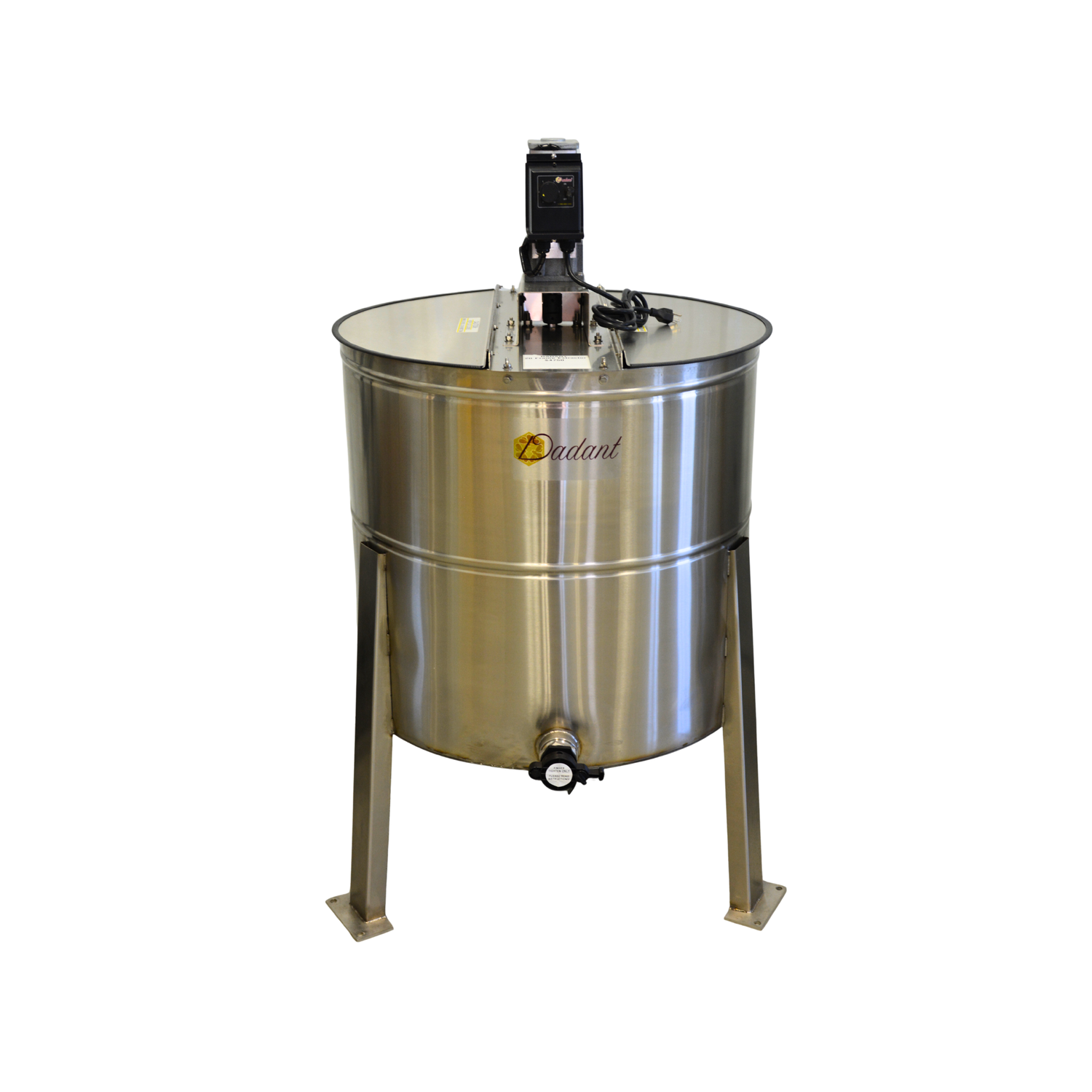 Stainless steel Dadant 20-frame electric honey extractor standing on three legs. The extractor features a large cylindrical tank with a bottom honey gate and a motorized control unit 