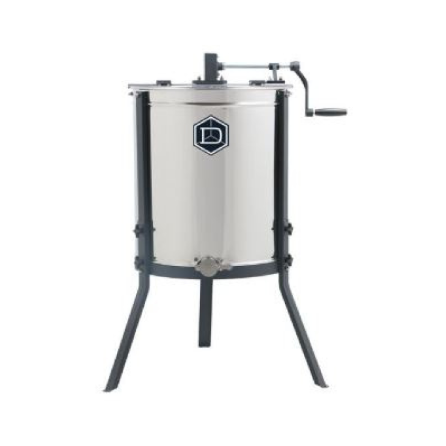 Stainless steel Dadant hand-crank honey extractor with a tall cylindrical drum and three metal legs. The extractor features a manual crank handle on top, the Dadant logo on the front, and a bottom honey gate for draining.