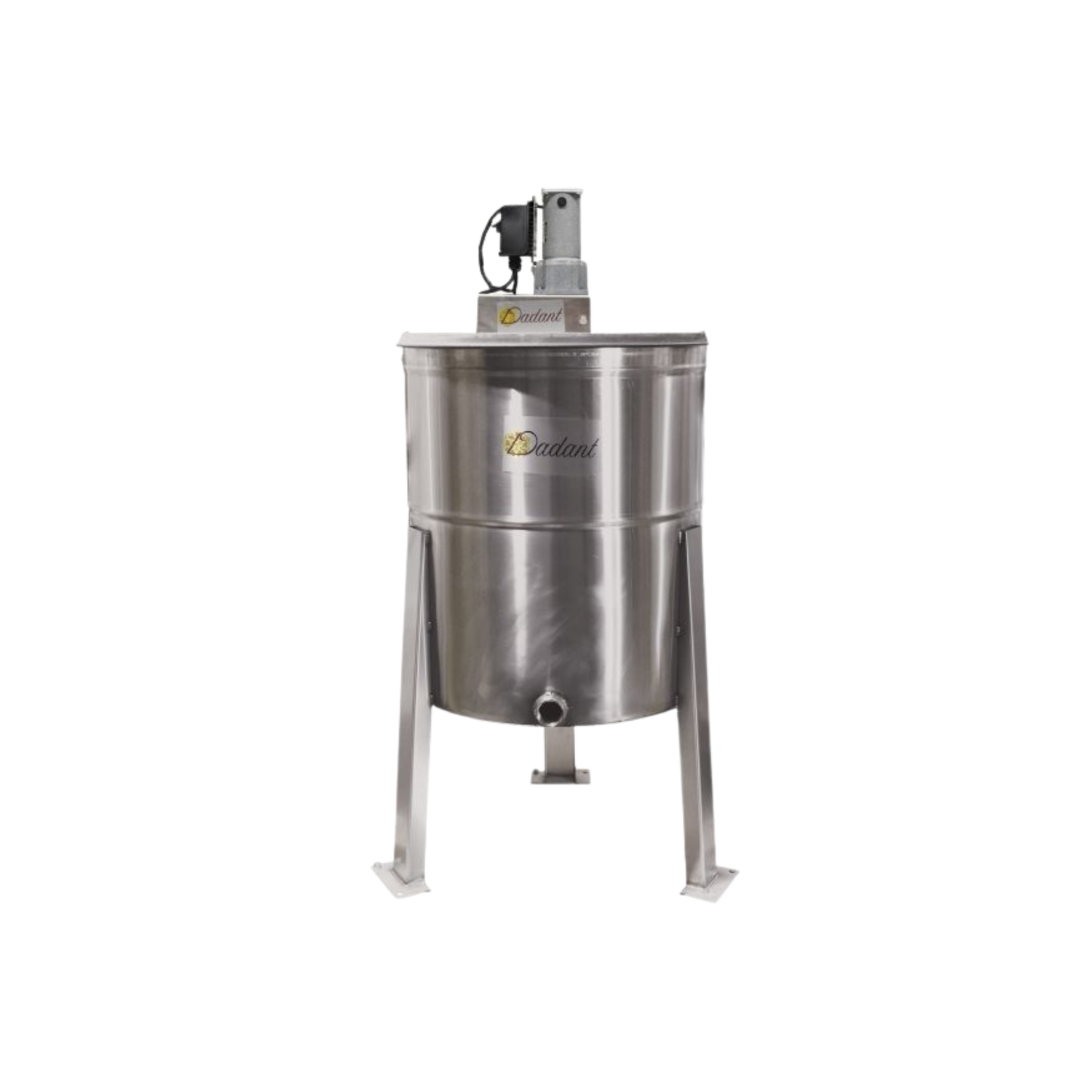 A metal six-frame power driven extractor with Dadant branding on a white background