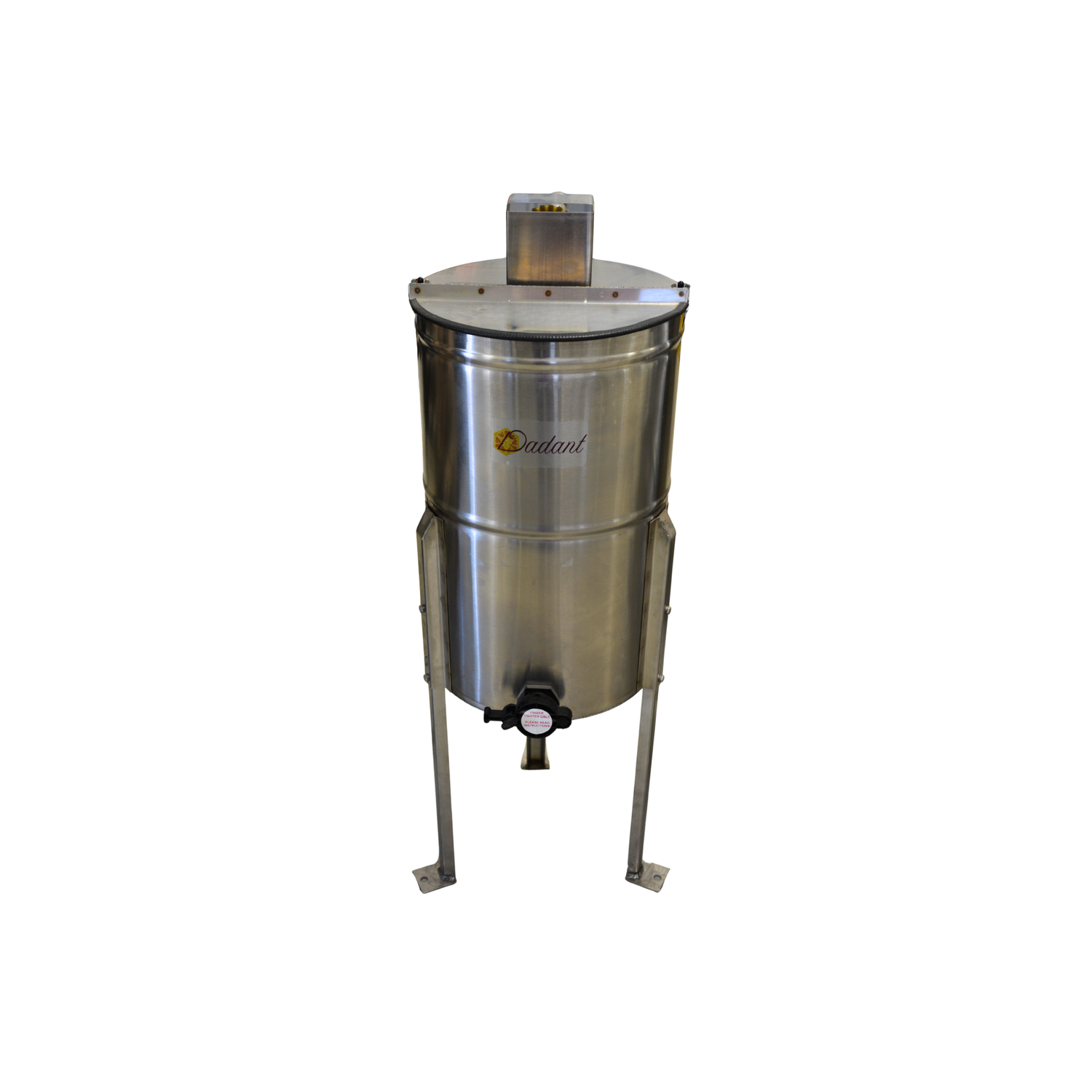 Stainless steel hand driven extractor tank on a white background