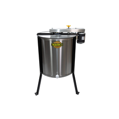 Stainless steel Maxant honey extractor with electric motor mounted on the side, clear lid on top, honey gate at the bottom, and black metal stand legs against a white background.
