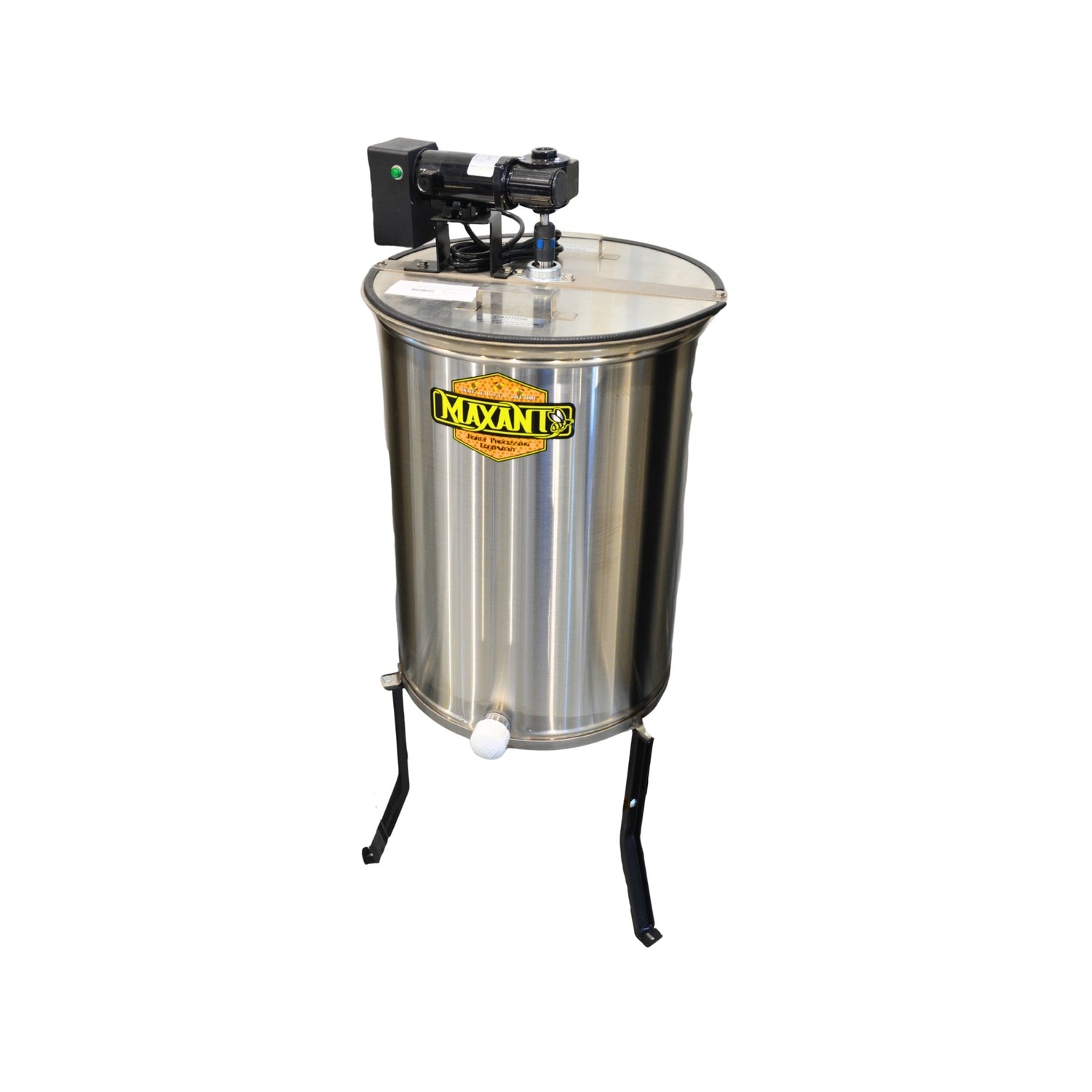 A stainless steel spray tank on black metal legs, featuring a black spray pump mounted on top and a yellow and black MAXANT logo decal on the front.