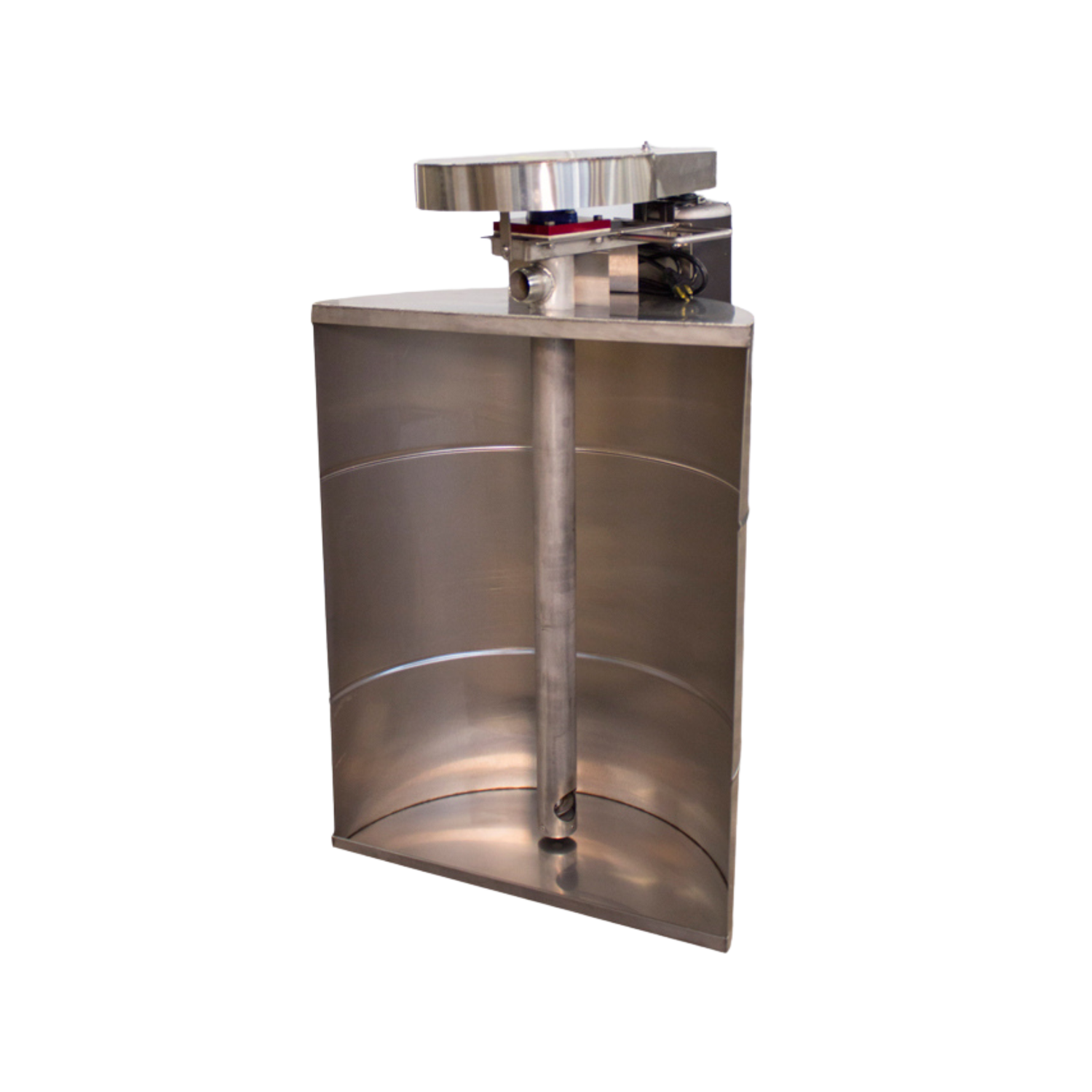 A metal pump displayed inside of a metal tank on a white background