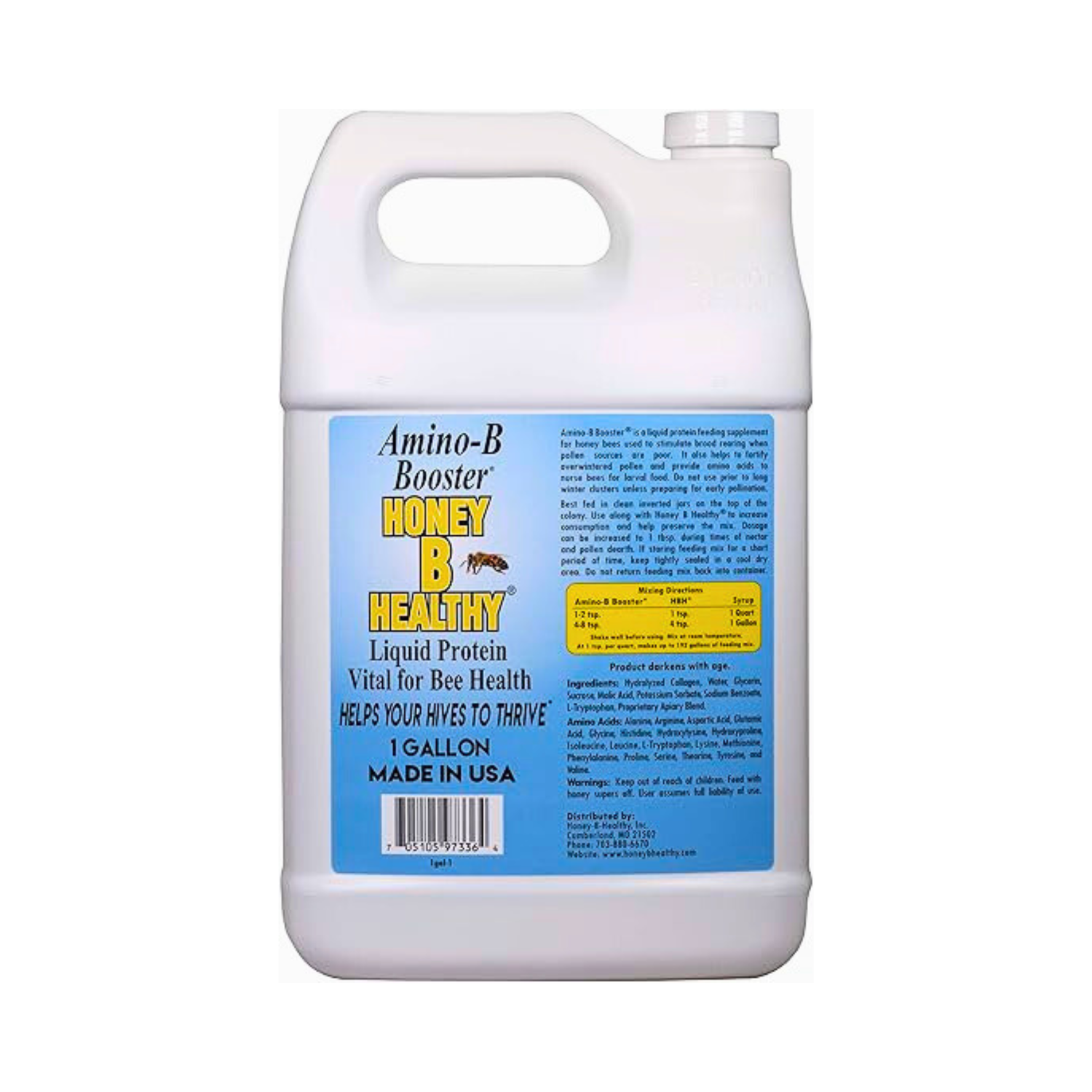 White one-gallon plastic jug of Honey B Healthy Amino-B Booster for bees, featuring a blue and yellow label that reads “Amino-B Booster Honey B Healthy,” described as a liquid protein supplement for bee health, with a handle and screw-top lid.